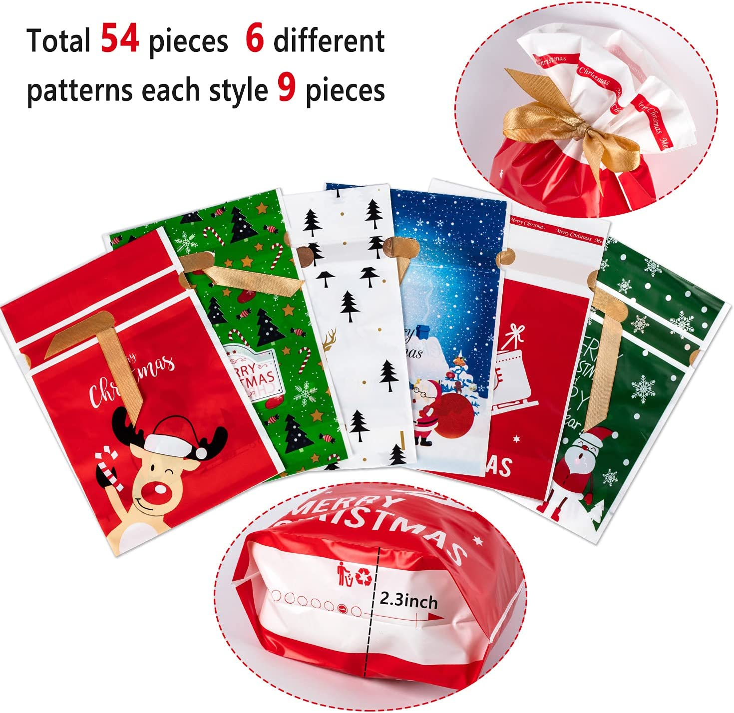 Christmas Candy Treat Bags, Fyvadio 48 Pcs Goodies Plastic Drawstring Gift Bags, Christmas Bag, Pouch Candy Bag, Treat Bag, Goody Bags for Candy Wrapper Birthday Christmas Party Favor Supplies image number 5