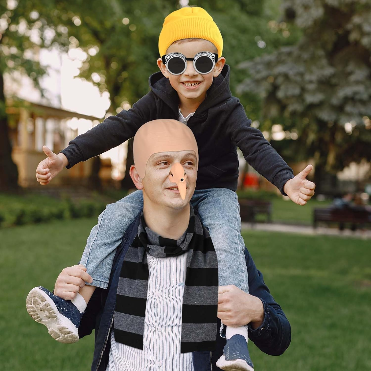 3 Pcs Black Gray Striped Scarf Fake Witch Nose Bald Head Cap for Adults Men Halloween Party Costume Dress Up, Multi, One Size image number 2