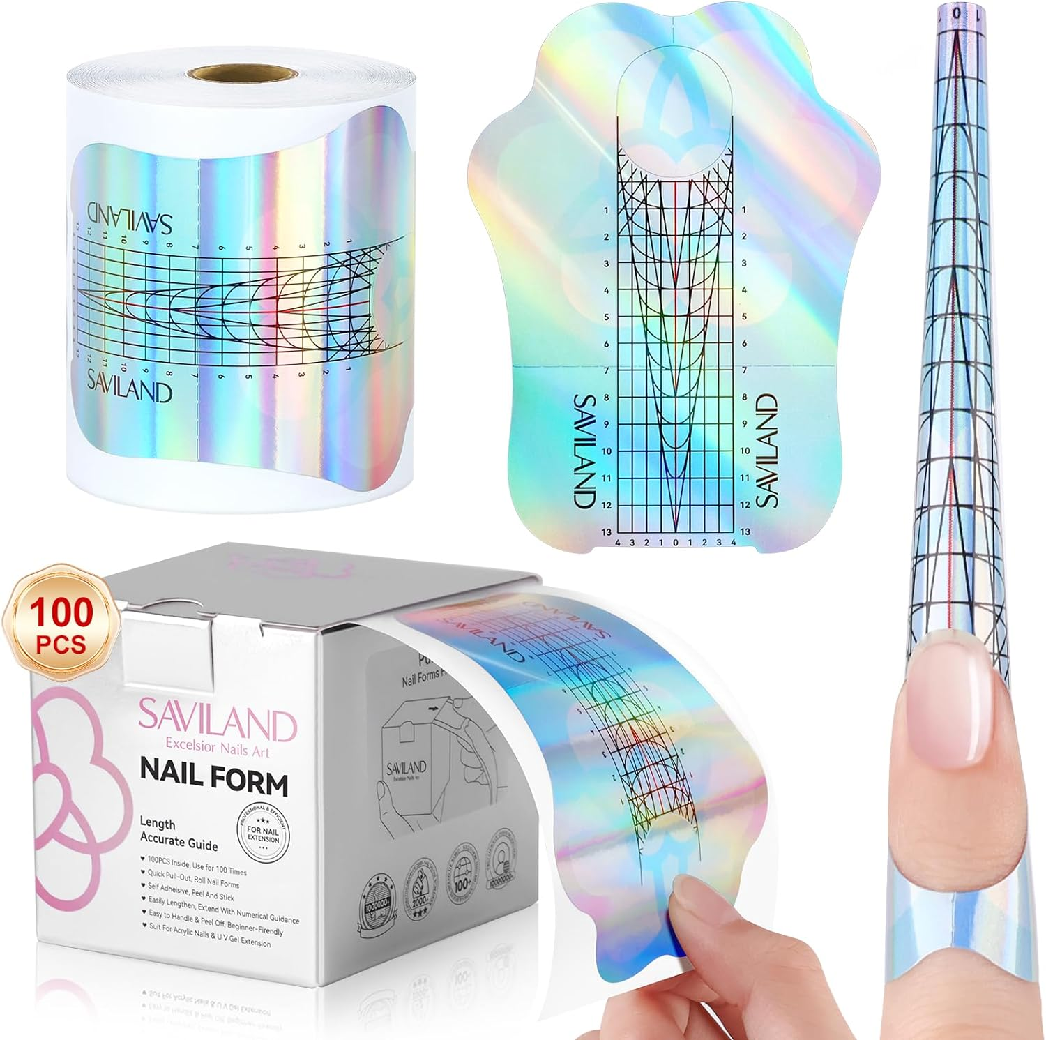 SAVILAND Long Length Nail Forms: 100Pcs Professional Poly Gel Nail Forms Sturdy Nail Extension Forms Paper Nail Forms Self-Adhesive Nail Model Stencils for Acrylic Nails Builder Nail Gel Nail Art image number 2