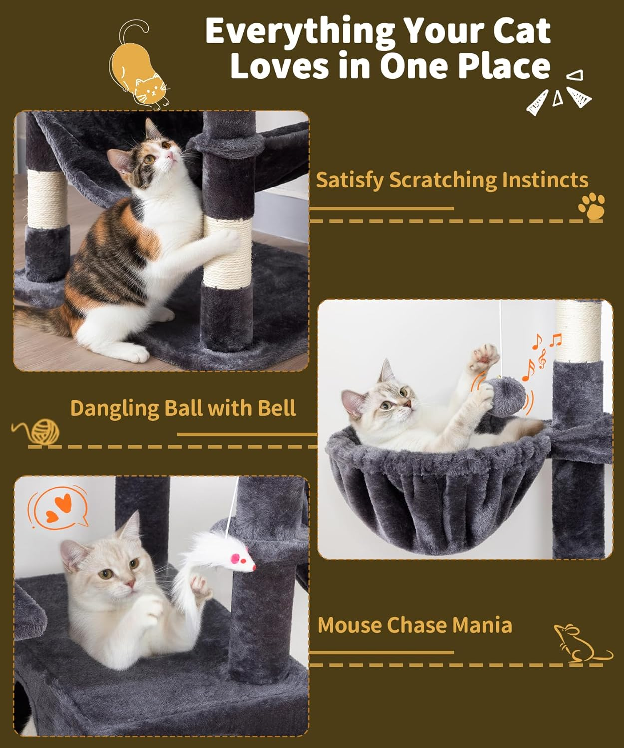 AMHANCIBLE Cat Tree, 180 Cm Tall for Indoor Adult Cats, Large Multi-Level Tower with Scratching Post, Hammock, Condos, Hanging Basket, Activity Center to Play and Sleep, Dark Grey, PT18DG - Grey image number 5