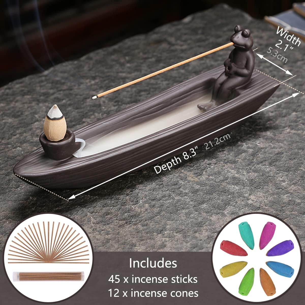 Changwanna Frog Incense Holder Waterfall - Ceramic Cone Backflow Incense Burner Smoke Fountain, Back Flowing Incense Diffuser with 45 Sticks & 12 Cones, Frog Ornament for Aromatherapy/Yoga/Home Decor image number 3
