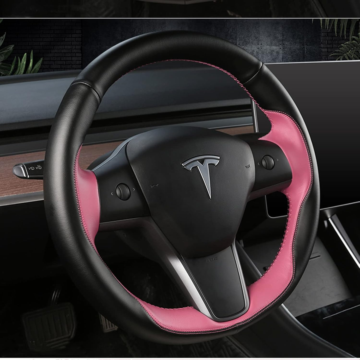 Tesla Steering Wheel Cover Microfiber Leather Hand-Stitched for Tesla Model 3/Model Y (Black-Pink) image number 4