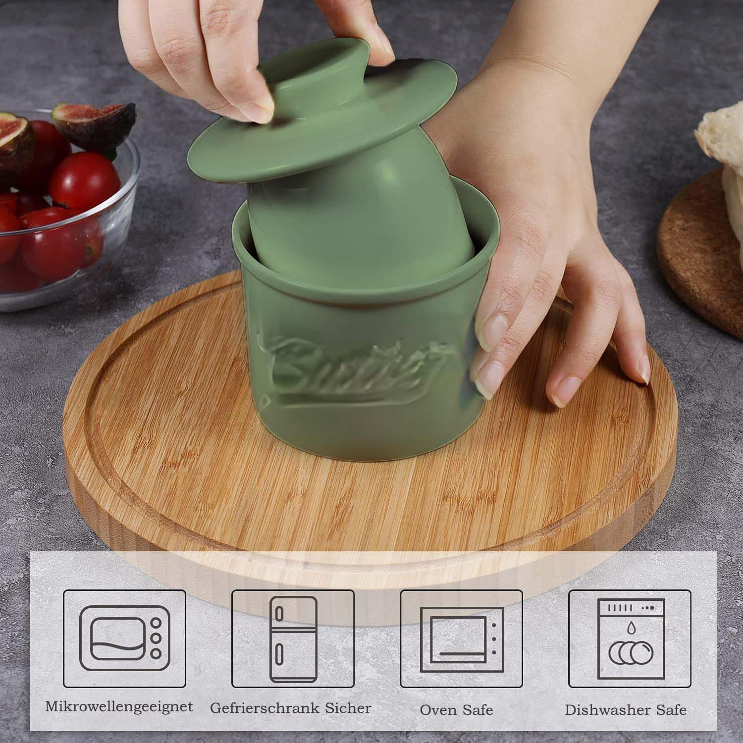 French Butter Crock for Counter with Water Line, Butter Dish Butter Crock French Butter Butter Keeper Butter Dish with Lid Butter Dish with Lid for Countertop(Green) image number 2