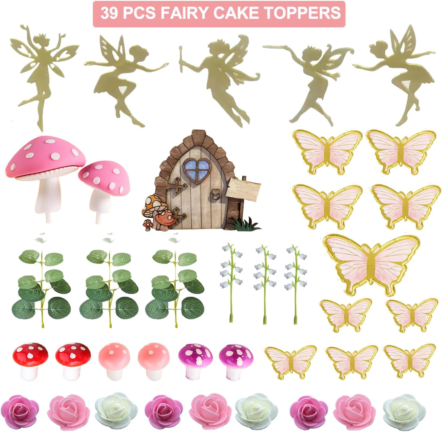 39PCS Fairy Cake Toppers Fairy Cake Decoration Pink Mushroom Door Butterfly Flowers Cake Decoration Fairy Garden Topper for Fairy Party Birthday Baby Shower image number 2