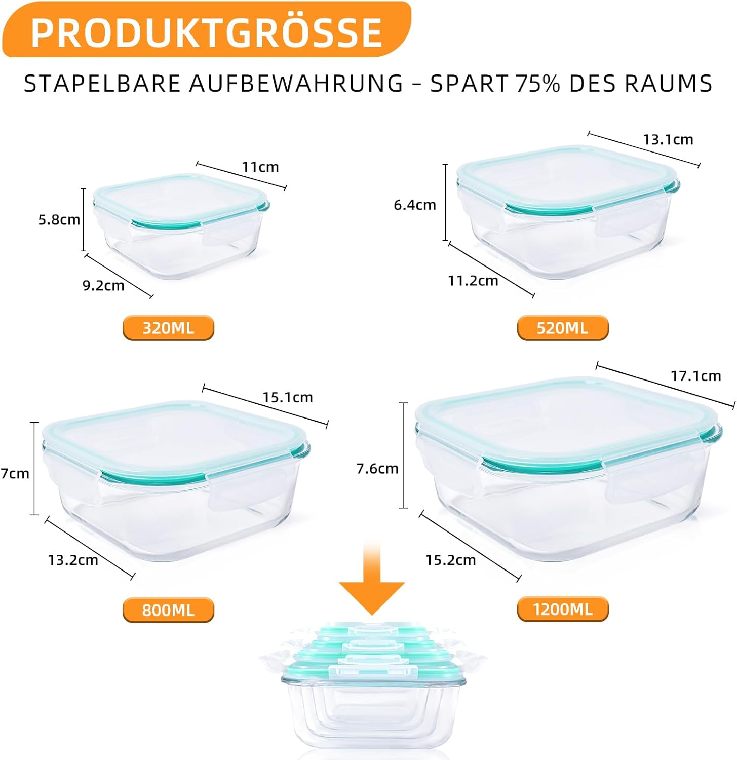 Meal Prep Boxes Glass Containers with Lid, Dishwasher Food Storage Containers with Lid, Microwave and Freezer Friendly, Leak-Proof (Light Green, 320+520+800+1200Ml) image number 4