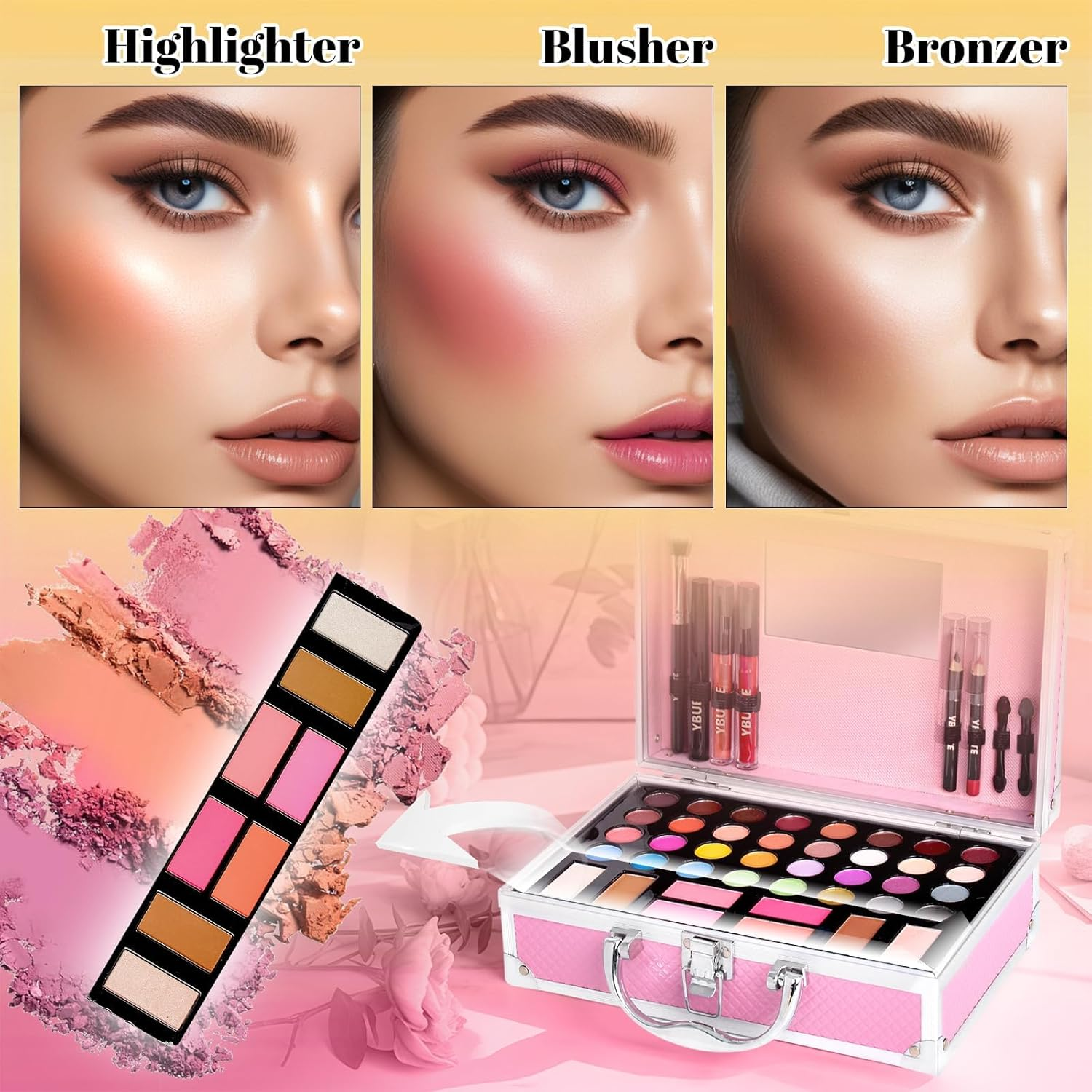 Beginner Makeup Kit for Teen,Makeup Set for Girl Women,Beginner Makeup Kit with Cosmetic Train Case Included 32 Colors Eyeshadow Blush Contour Lip Gloss Lip Liner Mascara Eyeliner Mirror image number 6