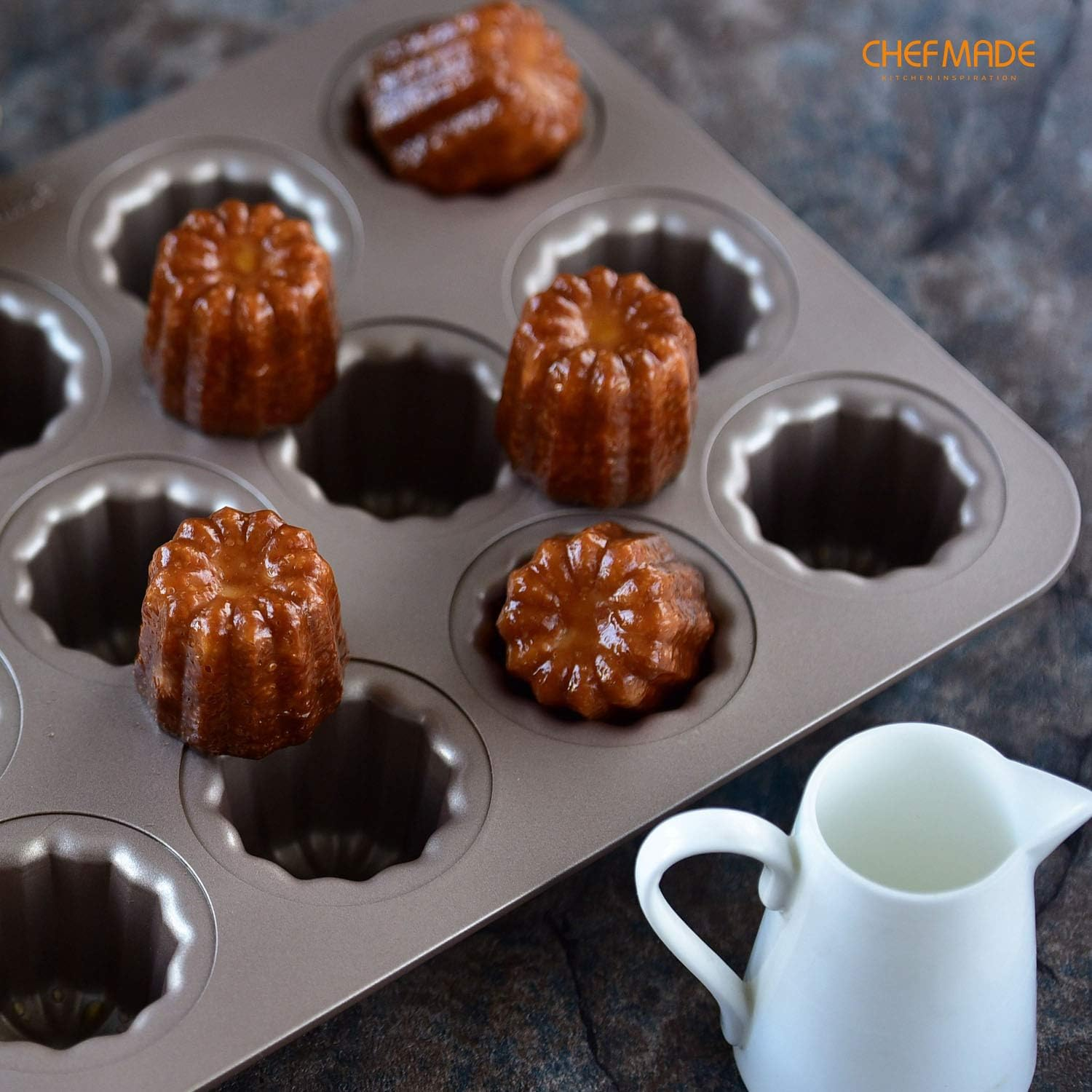 CHEFMADE Canele Mold Cake Pan, 12-Cavity Non-Stick Canele Muffin Bakeware Cupcake Pan for Oven Baking (Champagne Gold) image number 1