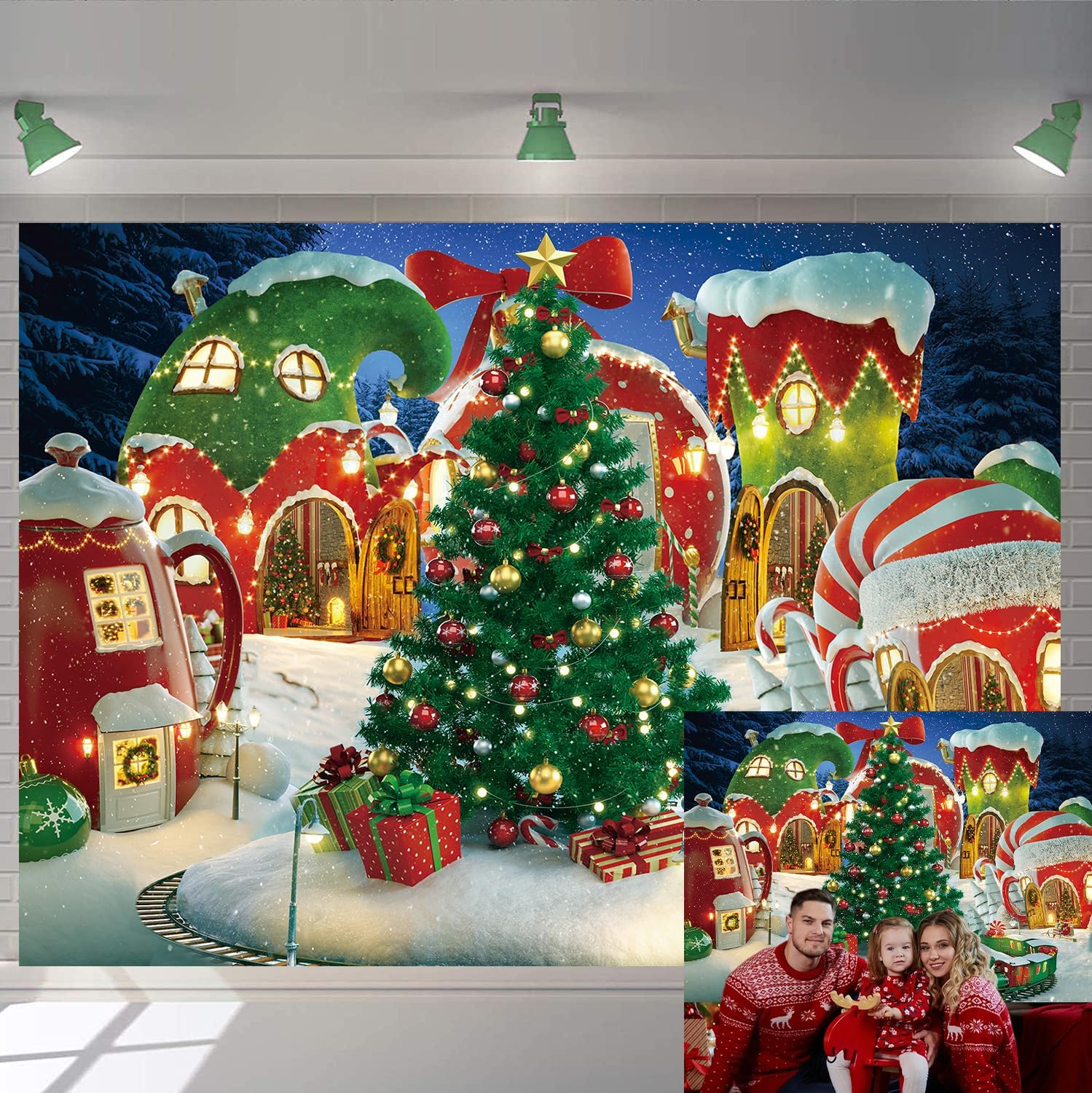 Cartoon Christmas Village Photography Backdrop Winter Snow Pine Tree Background Xmas Fairy Tale Animated Kid Party Photo Booth Banner Supplies (8X6Ft) image number 2