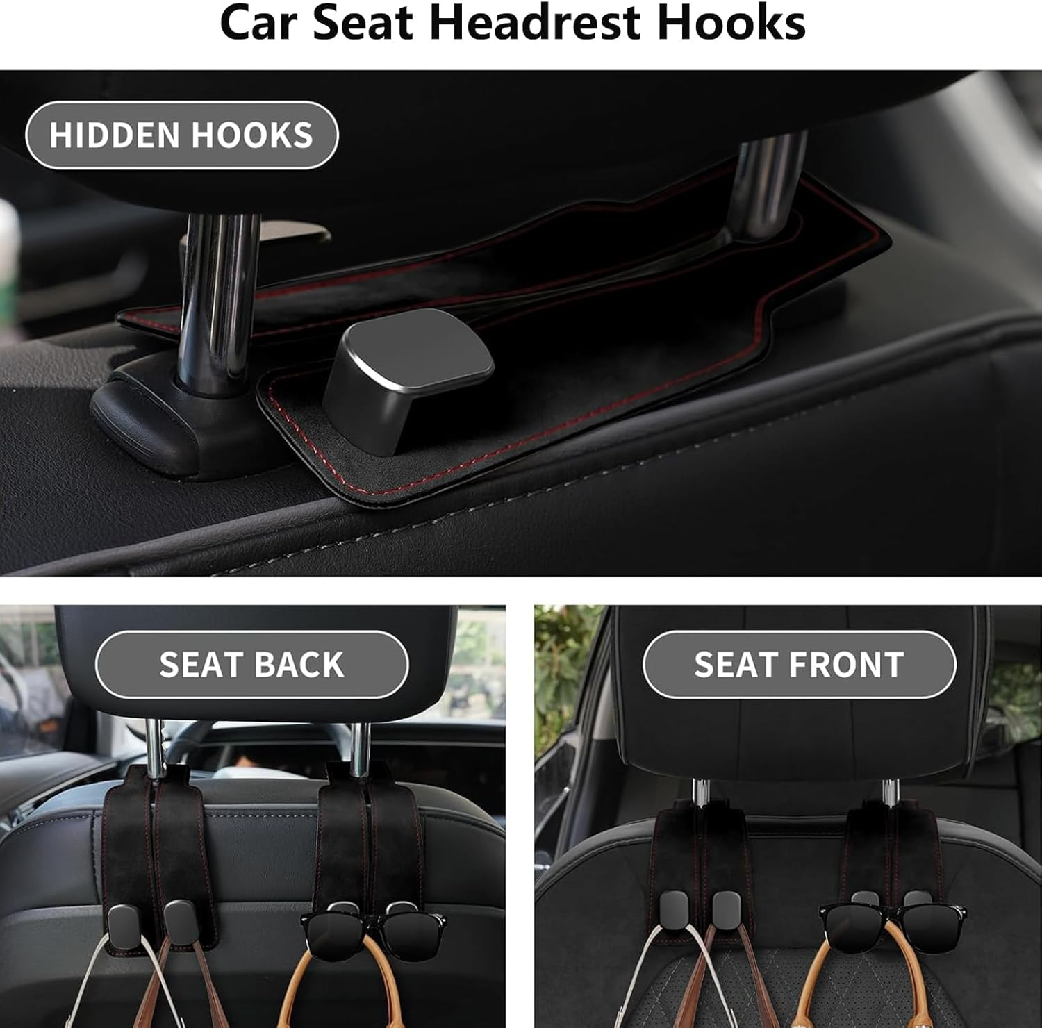 1 Pack Car Hooks for Headrest, Headrest Hooks Car Purse Hook Car Seat Back Storage Hook Premium Leather Car Seat Holder for Headrest Purses and Bags (Black) image number 3