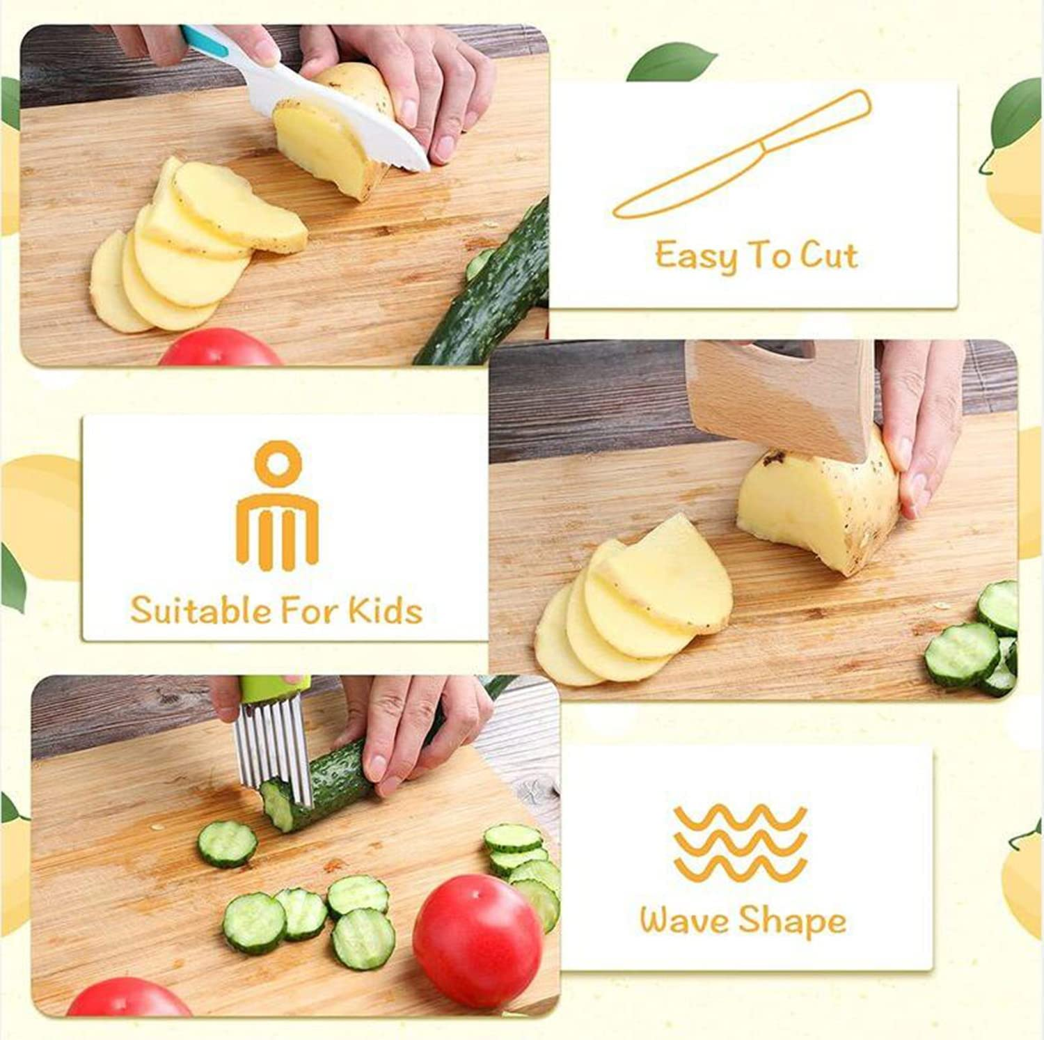 Kids Cooking Cutter Set, 8 Pcs Knife Set, Safe Knives, Wooden Kitchen Knife, Toddler Kitchen Tools for Montessori Chopper Cutting Fruit Vegetable image number 2