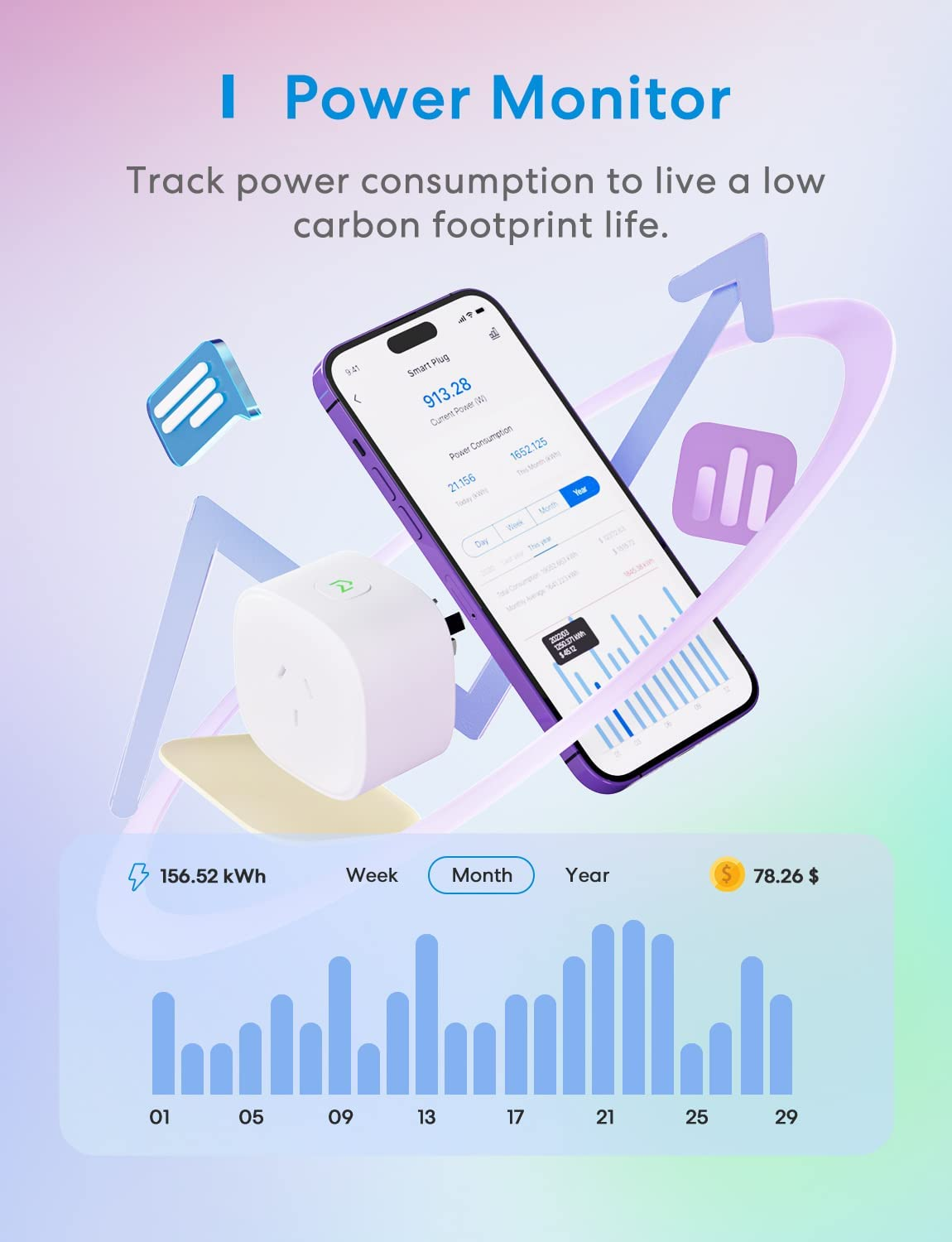 Meross Smart Wifi Plug with Energy Monitor, 2 Pack, Works with Apple Homekit, Alexa, Google Assistant, and Smartthings image number 3