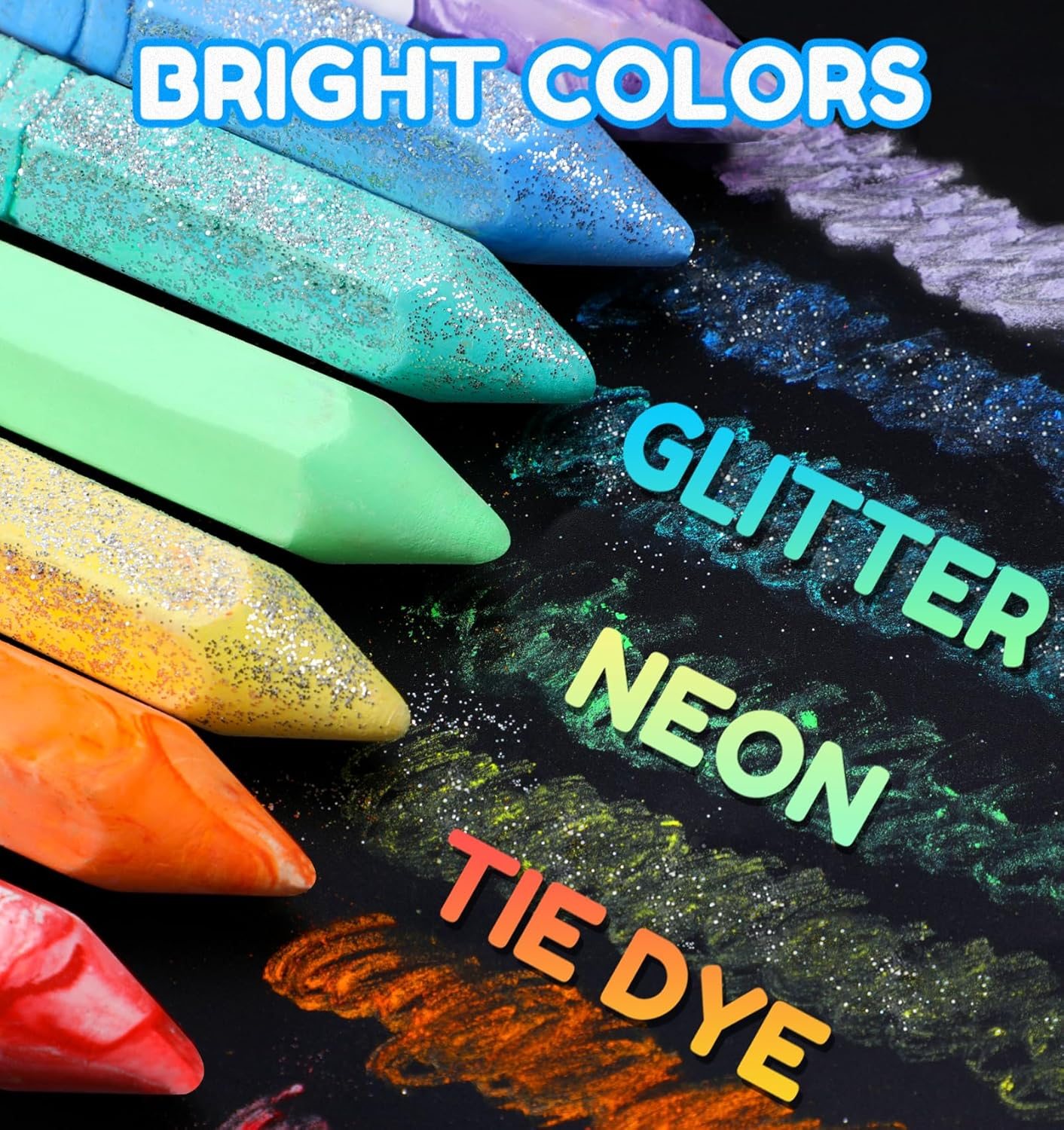 36 PCS Washable Sidewalk Chalks Set in 6 Packs, 18 Colors, Including 12 Tie Dye Sidewalk Chalks, 12 Glitter Chalks & 12 Neon Color Chalks image number 2