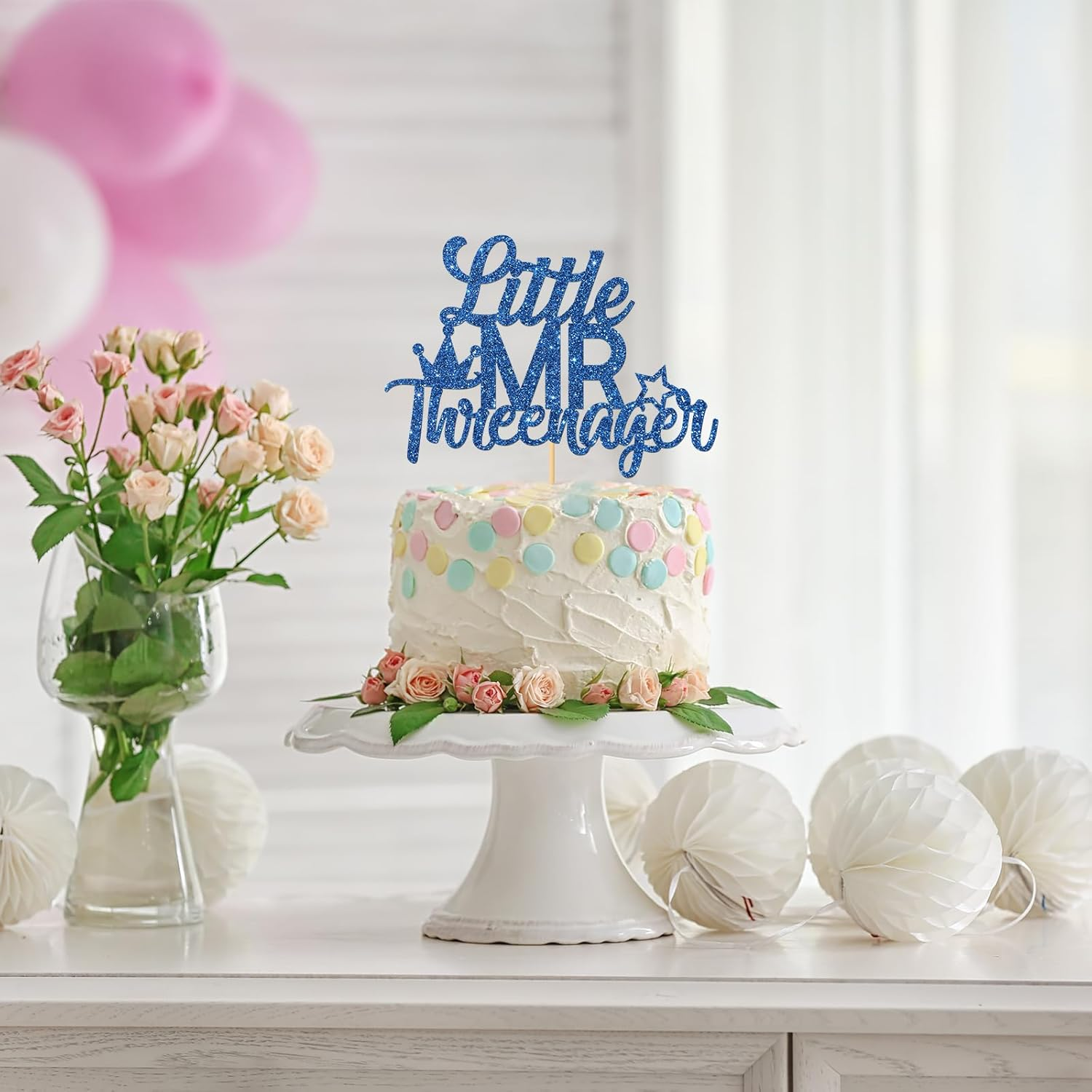 Little Mr Threenager Cake Topper - Kid Boy 3Rd Birthday Party Cake Supplies - Three Years Birthday - 3Rd Birthday Party Decoration - Navy Blue Glitter image number 2