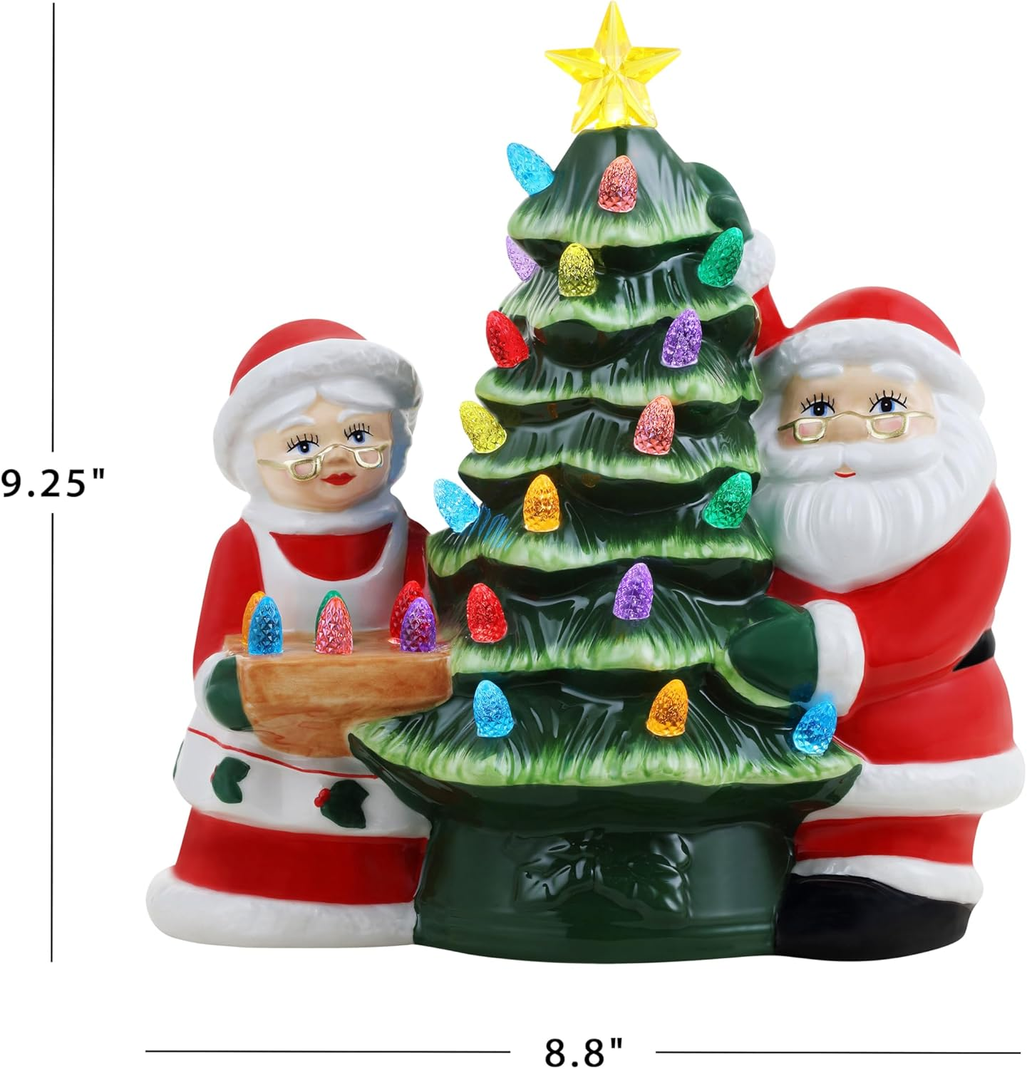 Mr. Christmas Nostalgic Ceramic Christmas Tree with LED Lights, Indoor Christmas Decoration, 9.5 Inches, Mr. & Mrs. Santa Claus