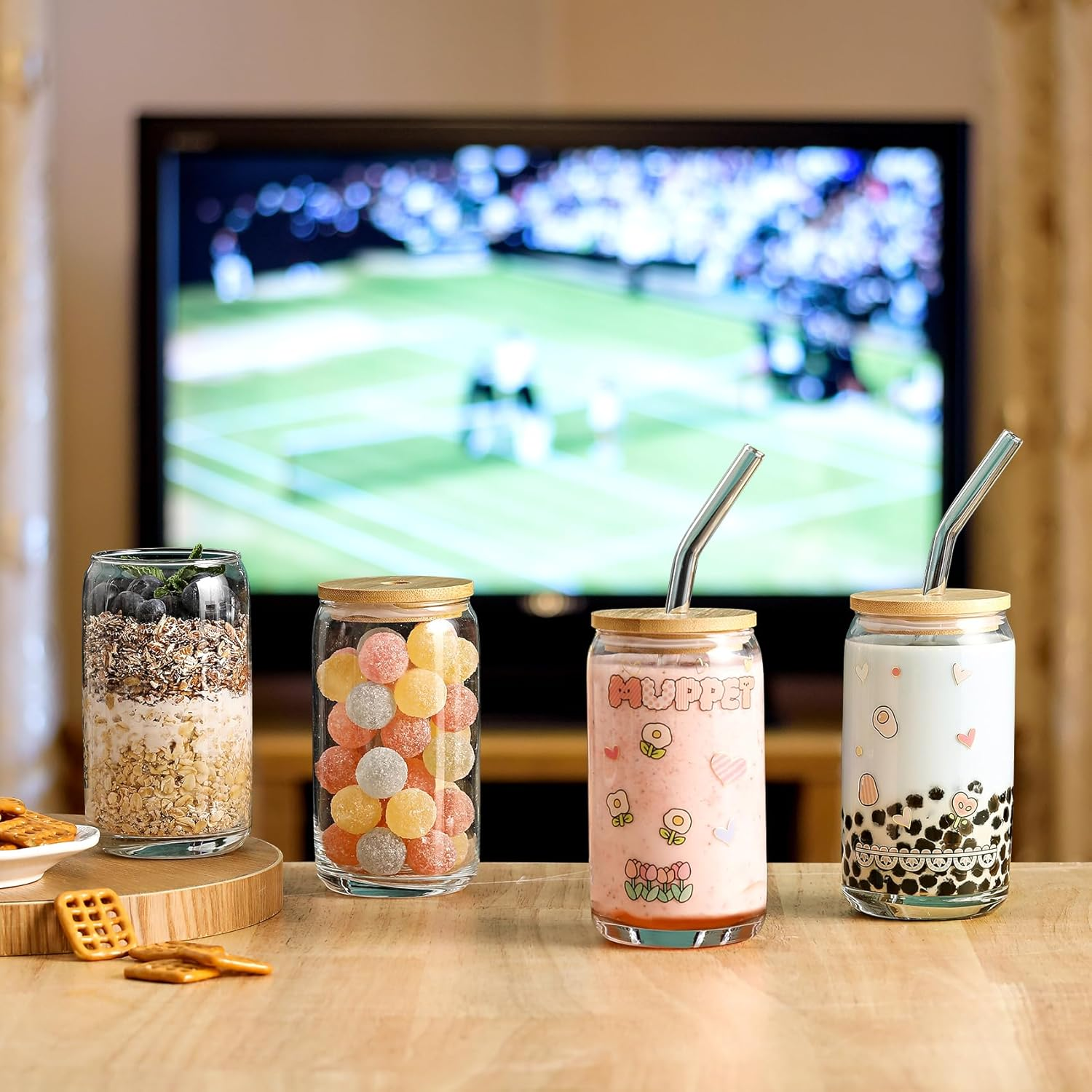 [ 6Pcs Set ] Glass Cups with Bamboo Lids and Glass Straw - Beer Can Shaped Drinking Glasses, 16 Oz Iced Coffee Glasses, Cute Tumbler Cup for Smoothie, Boba Tea, Whiskey, Water - 2 Cleaning Brushes