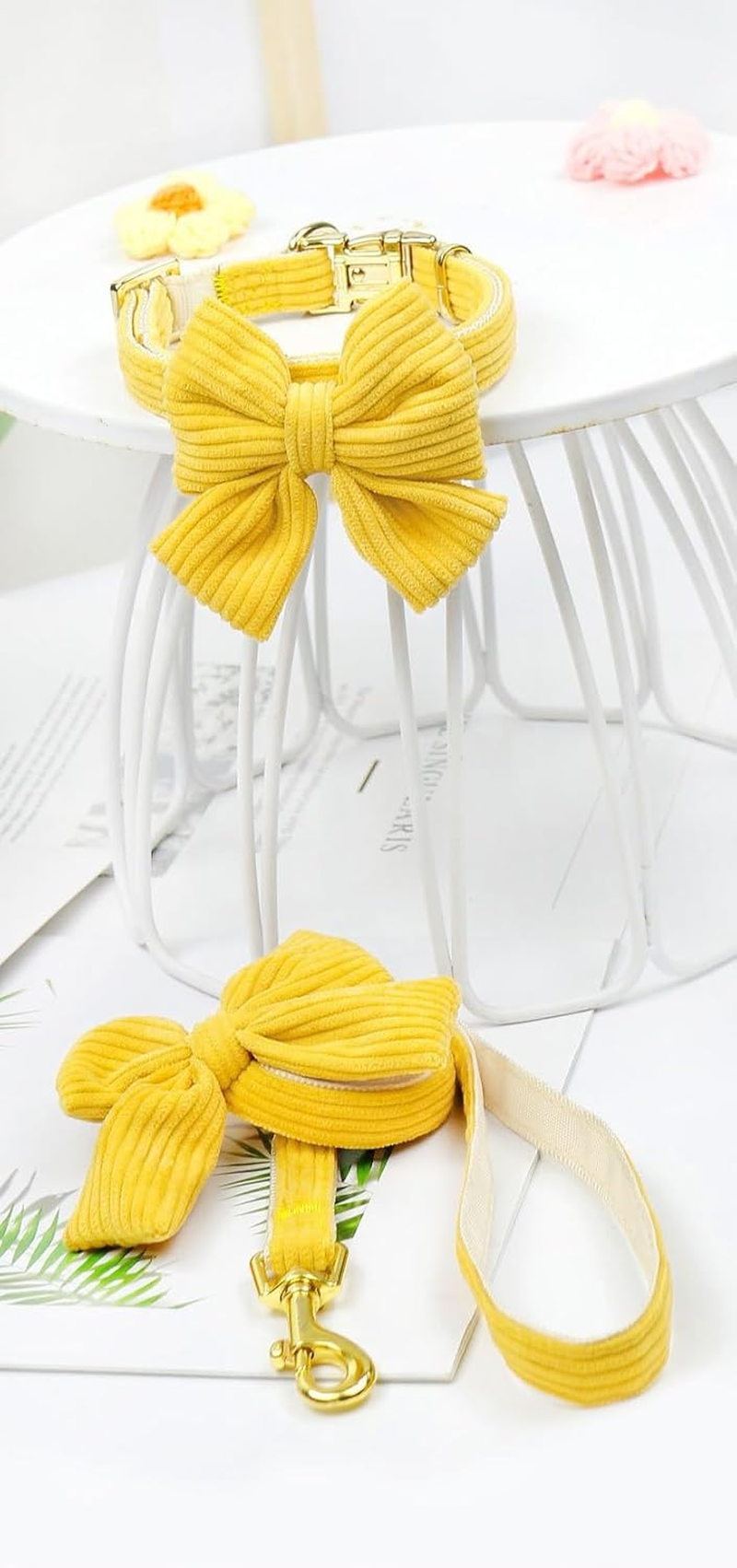 Dog Collar and Leash Set with Bowtie, Girl Dog Collars Metal Buckle Adjustable for Small Medium Dogs (Yellow, L) image number 4