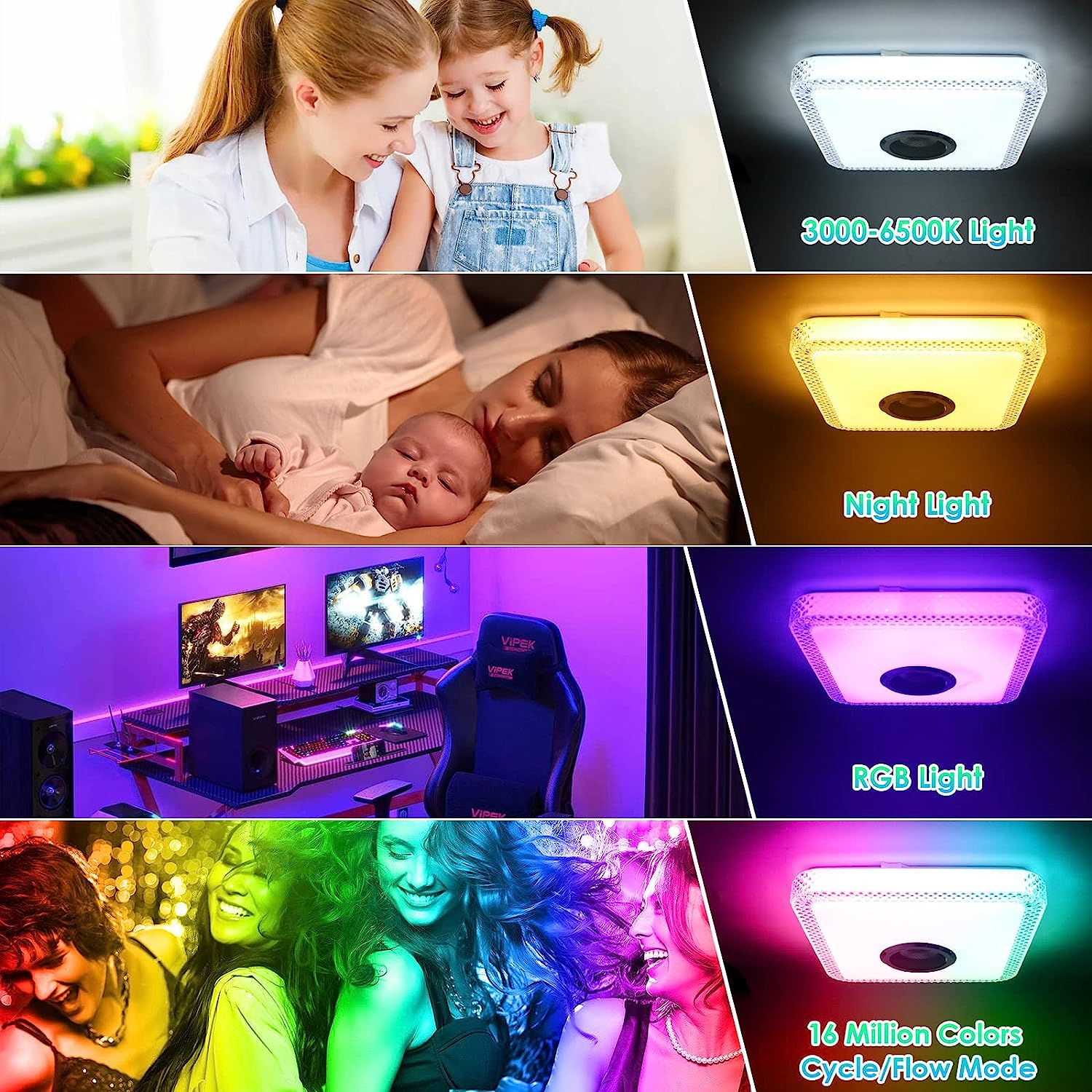 LED RGB Dimmable Ceiling Light Fixtures,30W 4000LM Adjustable Remote Control Luminaire Plafonnier with Bluetooth Speaker,Light Fixtures Ceiling for Party Bathroom Bedroom Living Room Kitchen image number 1