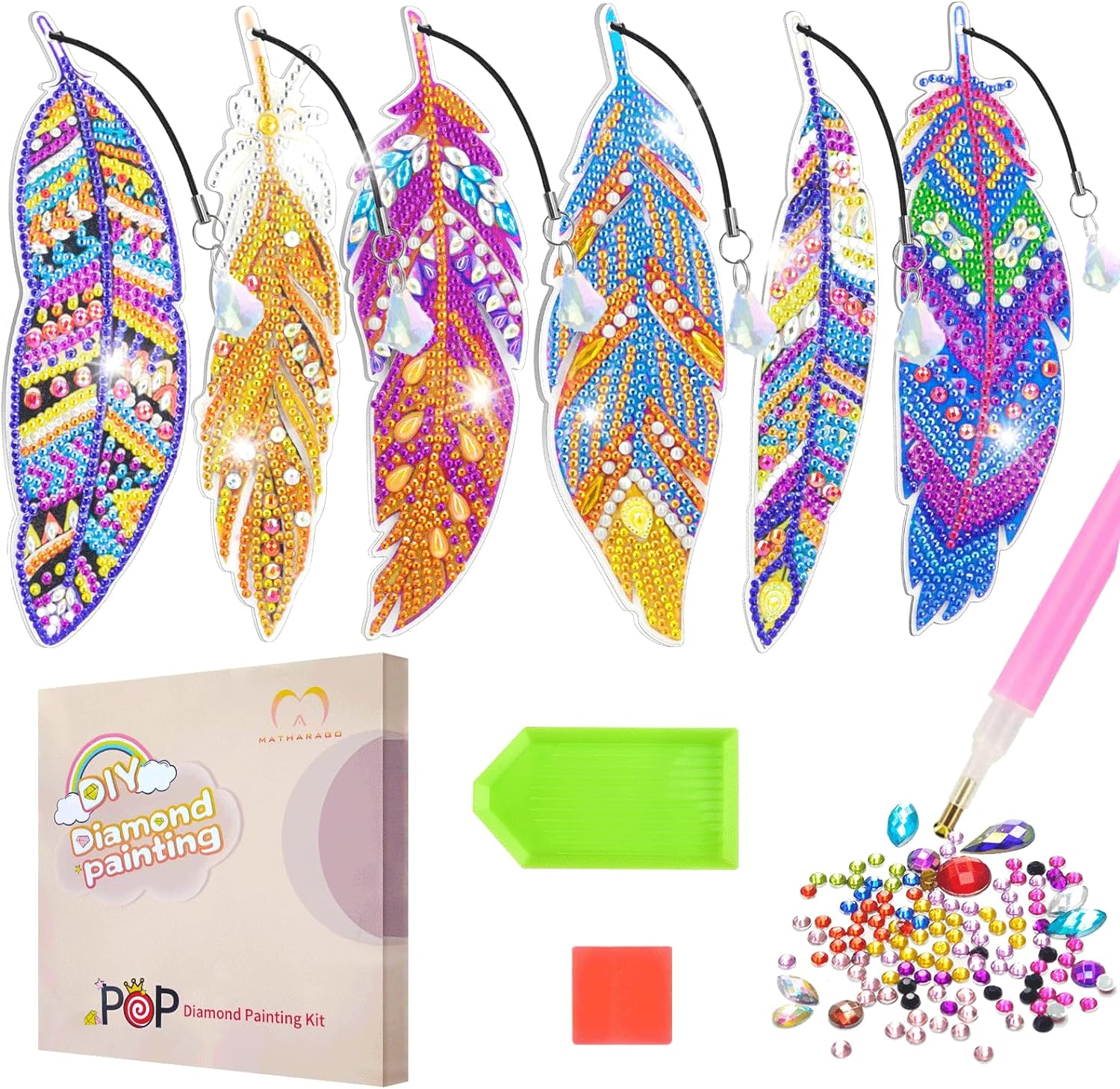 MATHARAGO 6 Pcs Diamond Painting Kits for Kids, Feather Bookmark Diamond Art Kits, DIY Crystal Diamond Art for Kids, Enfants, Girls and Women, Diamond Painting Bookmarks with Crystal Pendant (YQ087)