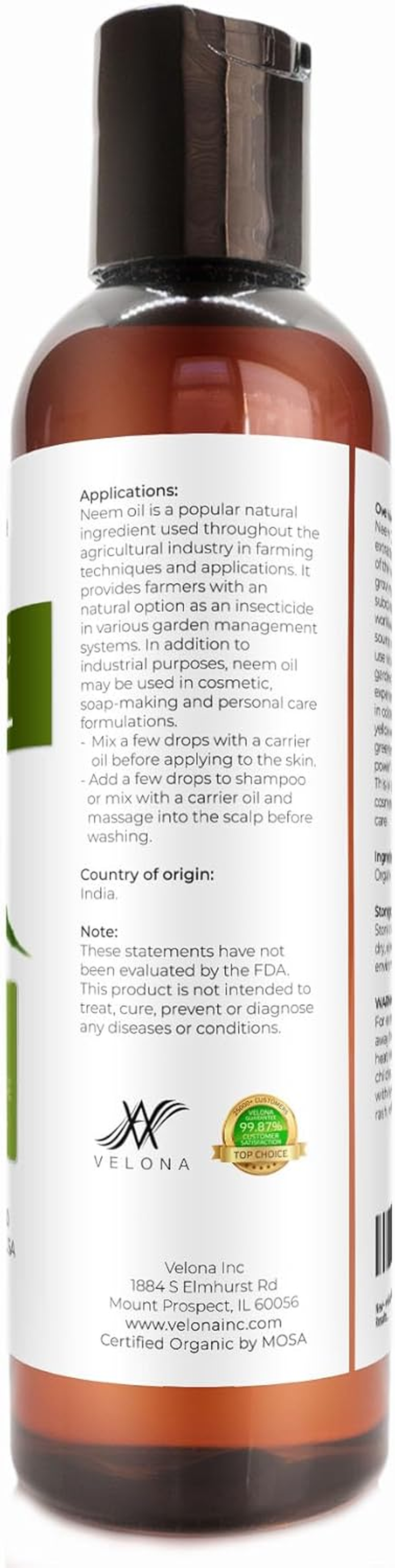 Velona Neem Oil USDA Certified Organic - 4 Oz | 100% Pure and Natural Carrier Oil | Virgin, Unrefined, Cold Pressed | Hair, Body and Skin Care | Use Today - Enjoy Results image number 5