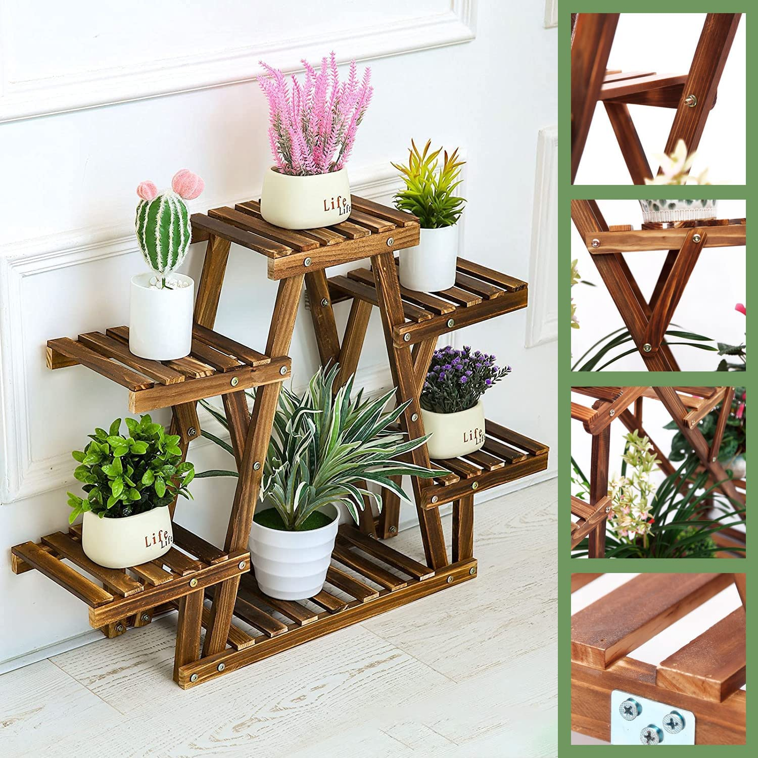 Heavy Duty Pine Wood Plant Stand Triangle In-Outdoor Flower Succulent Pots Shelf image number 2