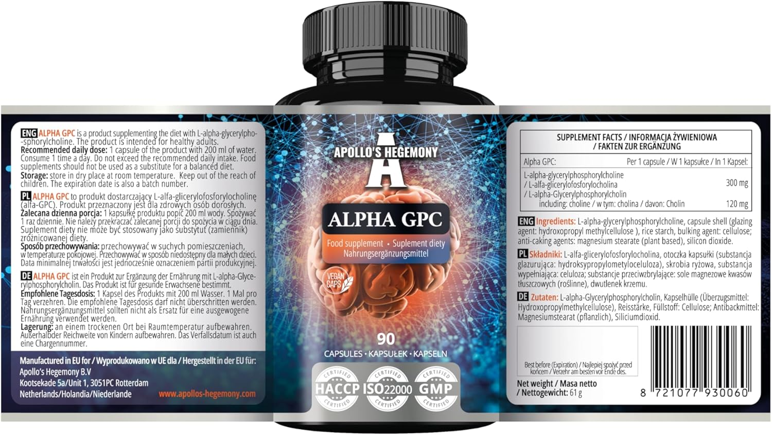 Alpha-Gpc 600Mg per Daily Dose - 90 Vegan Choline Capsules - 99% Choline Alfoscerate Dietary Supplement - Lipid Choline - Memory and Concentration Capsules - by Apollo'S Hegemony image number 6