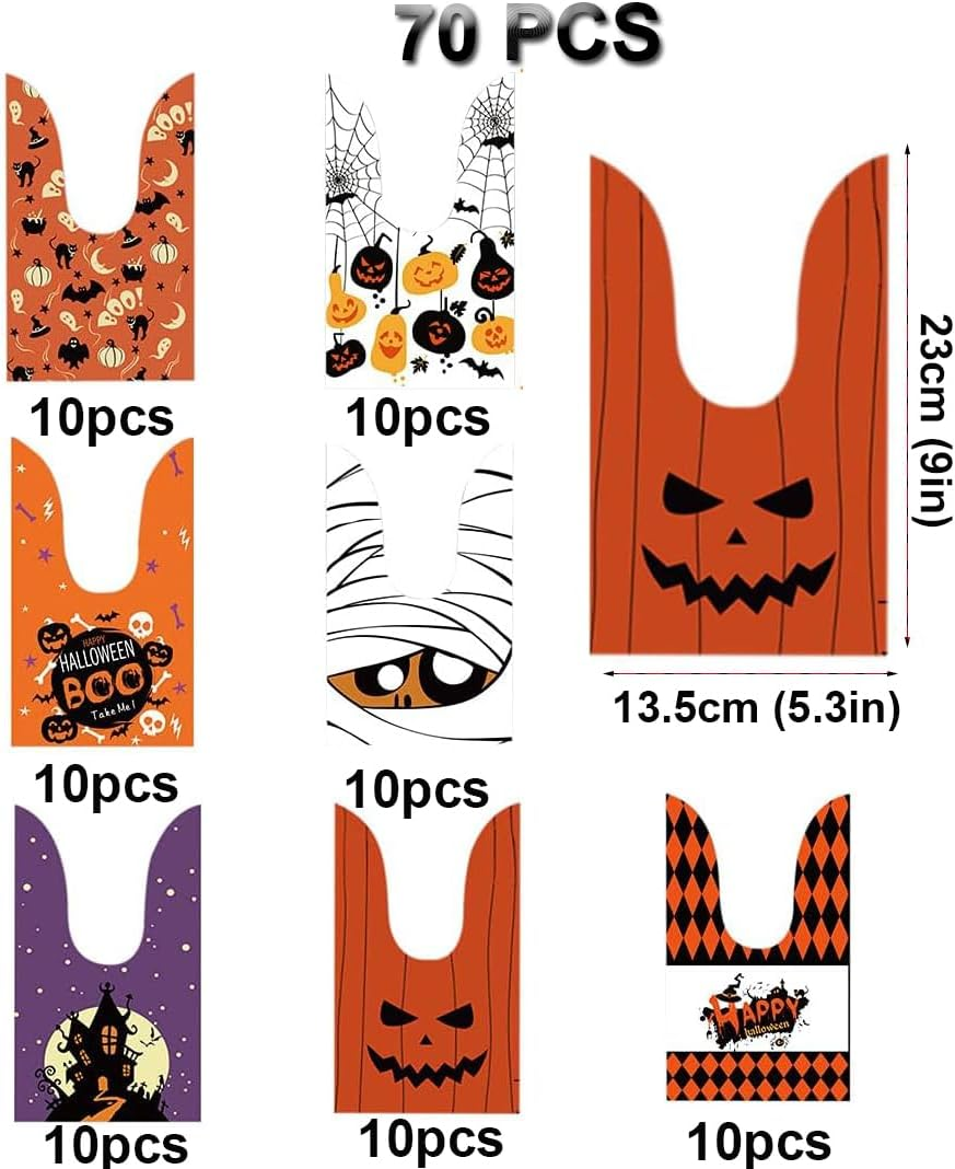 70Pcs Candy Bags for Halloween Party - 7 Designs Plastic Small Goodie Bags for Kids Trick or Treat image number 4