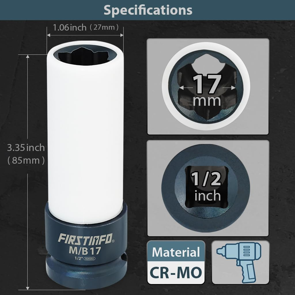 FIRSTINFO B29202 1/2" Drive Protective Lug Nut Impact Socket for Mercedes Benz with 17Mm Convex, Flower Head Lug Nuts image number 3