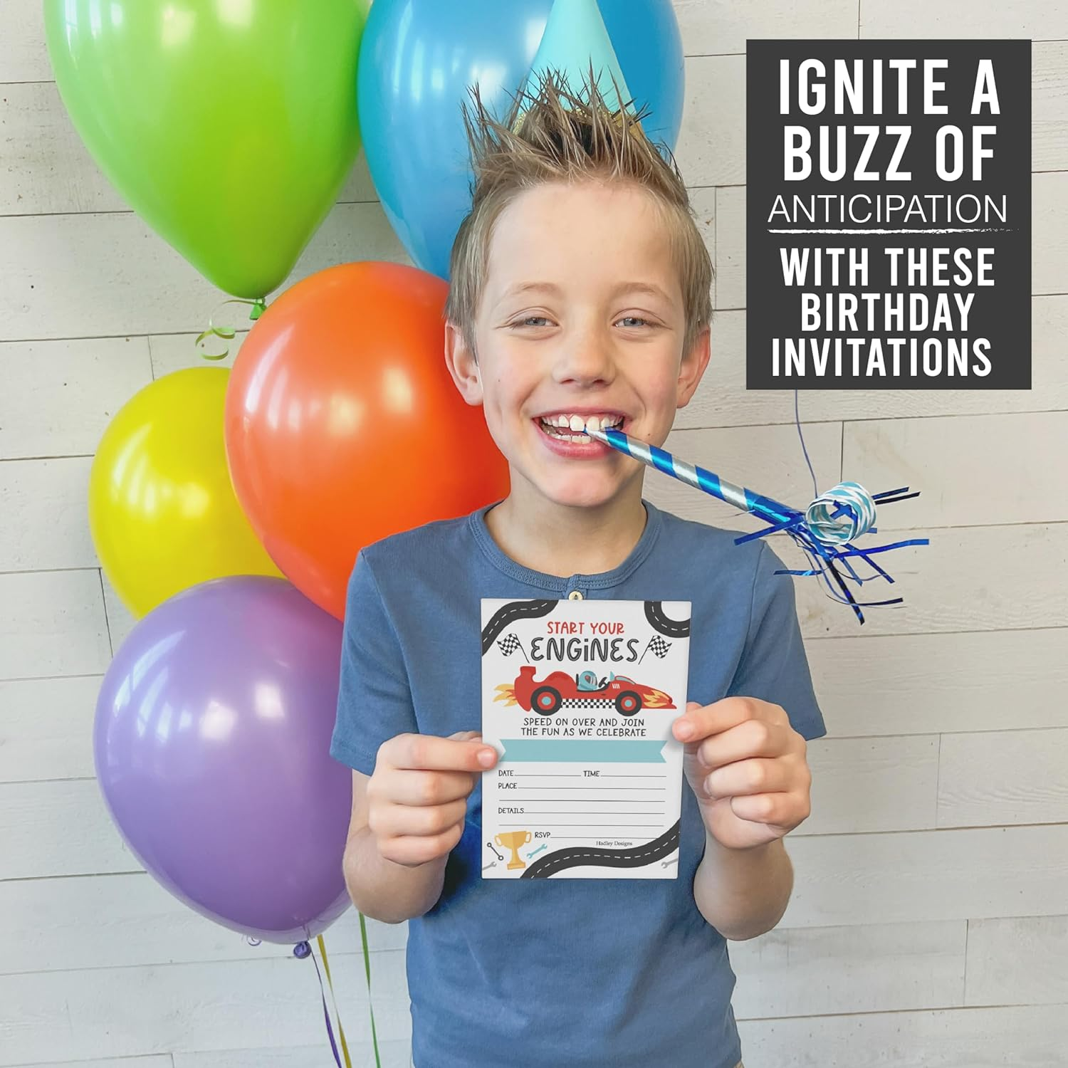 Hadley Designs Kids Birthday Invitations for Boys Race Car Theme - 15 Racing Truck Birthday Party Invitations for Boys with Envelopes, Speed on over Invites for Boy, Cute Party Supplies, Made in USA - Blue image number 4