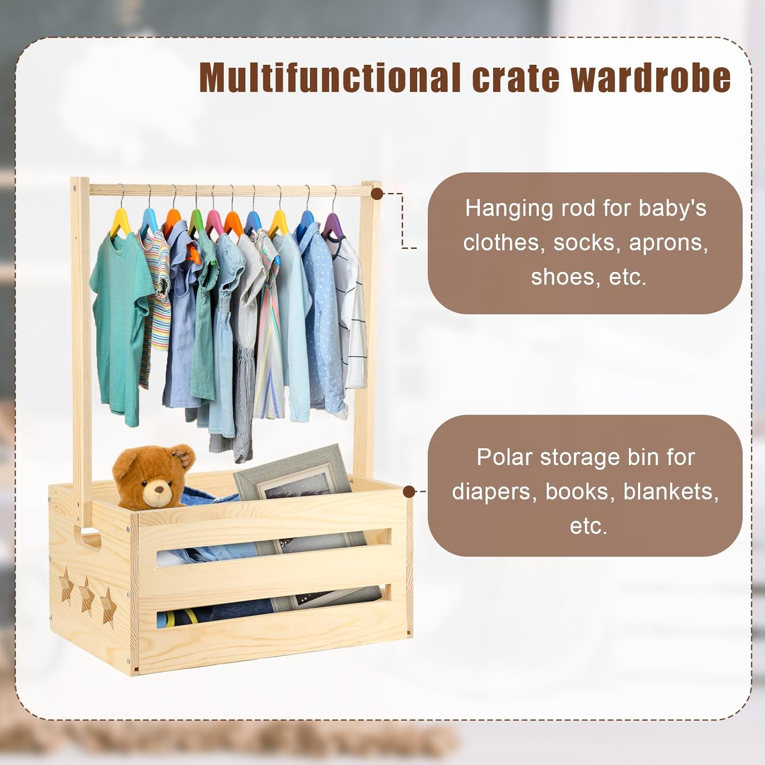 Wooden Baby Shower Basket, Wooden Baby Storage Crate Hamper with Handle Attractive Closet Baby Clothes Rack for New Born Baby Shower, Pregnancy Gifts for New Parents image number 5