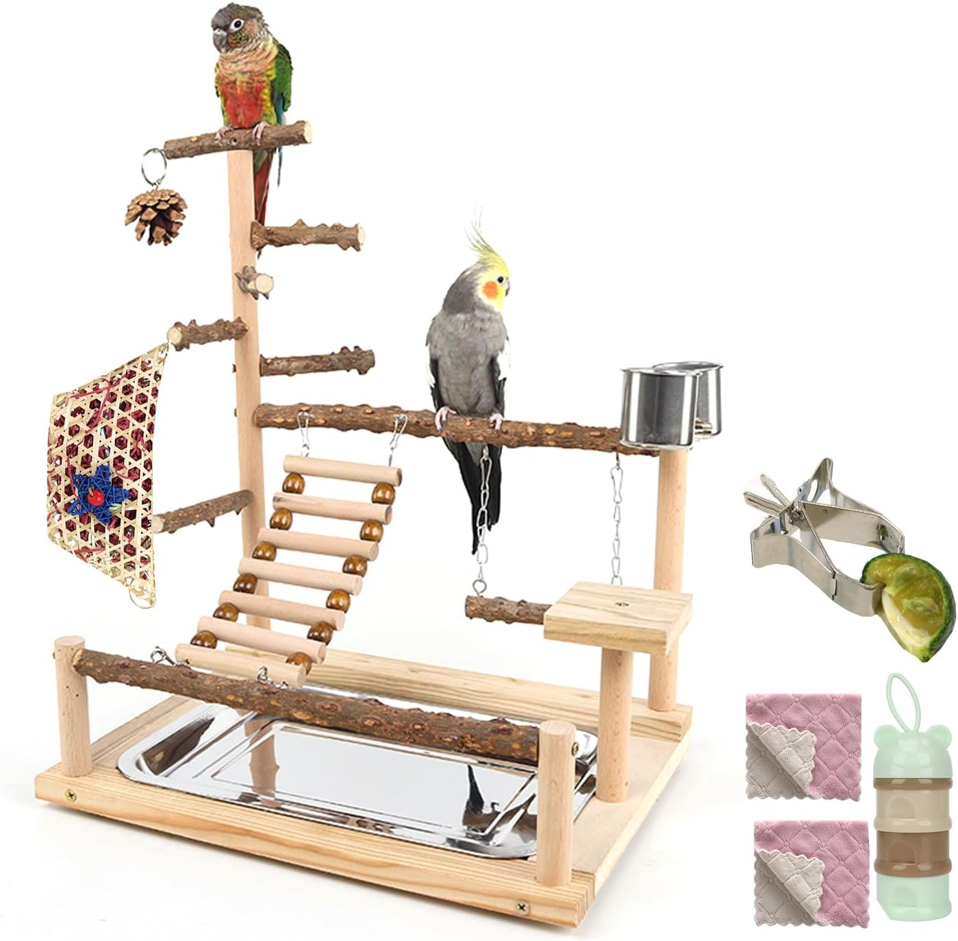 Wood Pet Parrot Playground Bird Play Stand Toys Avian Perch Avian Cage Accessory with Feeder Cups for Cockatiel Parakeet image number 3