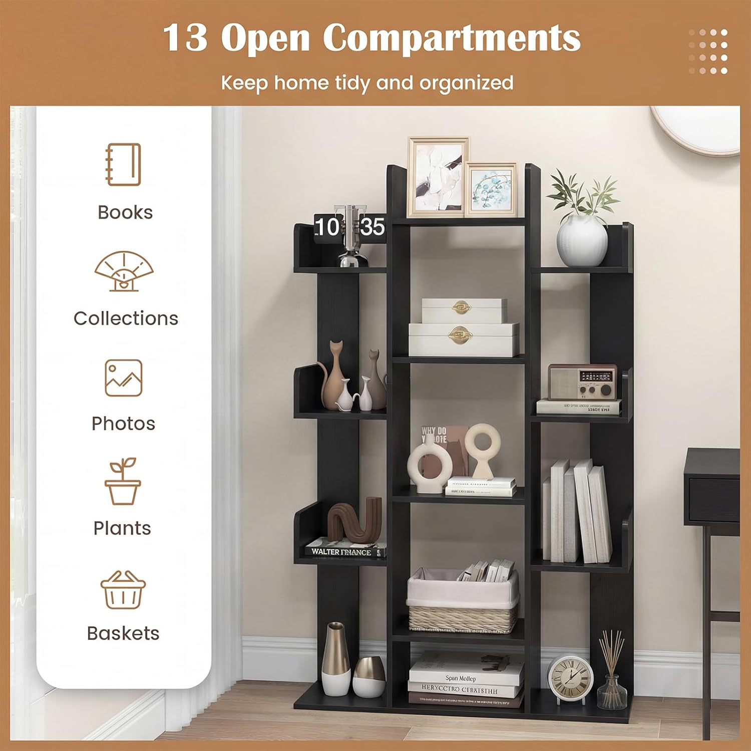 Giantex Tree Bookshelf, 141 Cm Tall Bookcase with 13 Open Shelves, Corner Books Storage Organizer, Freestanding Decorative Display Cube Shelf for Living Room, Study or Office