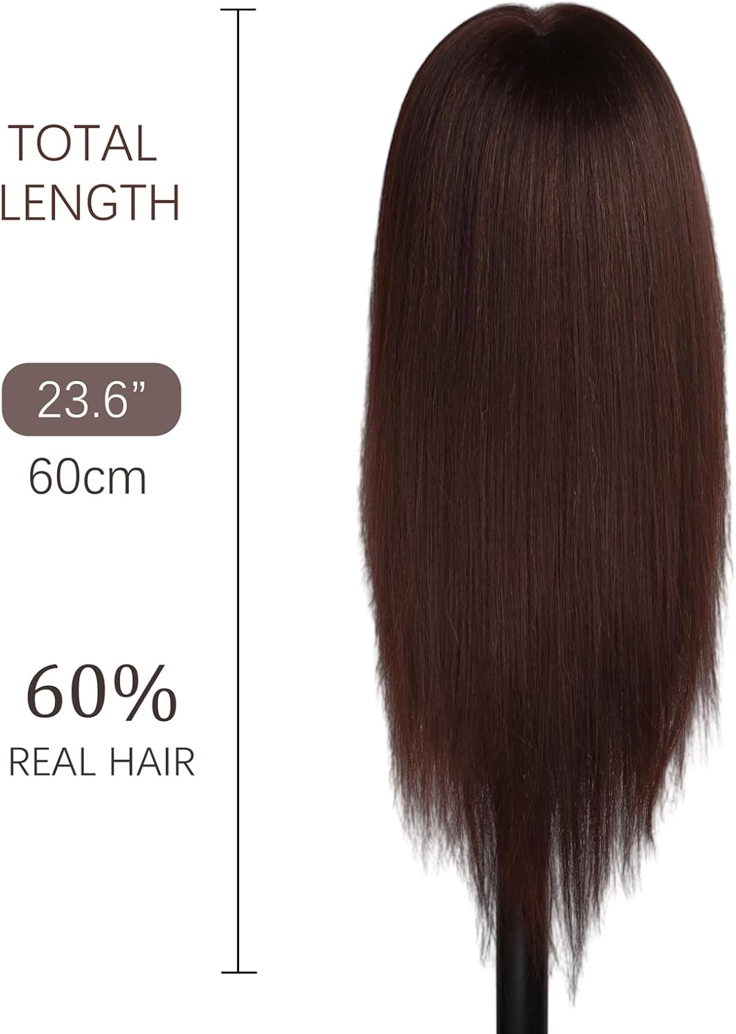 Hair Styling Training Head, 23" Dark Brown Cosmetology Mannequin Head Hairdressing Manikin Doll Head with Clamp & Styling Tools (Brown without Makeup)