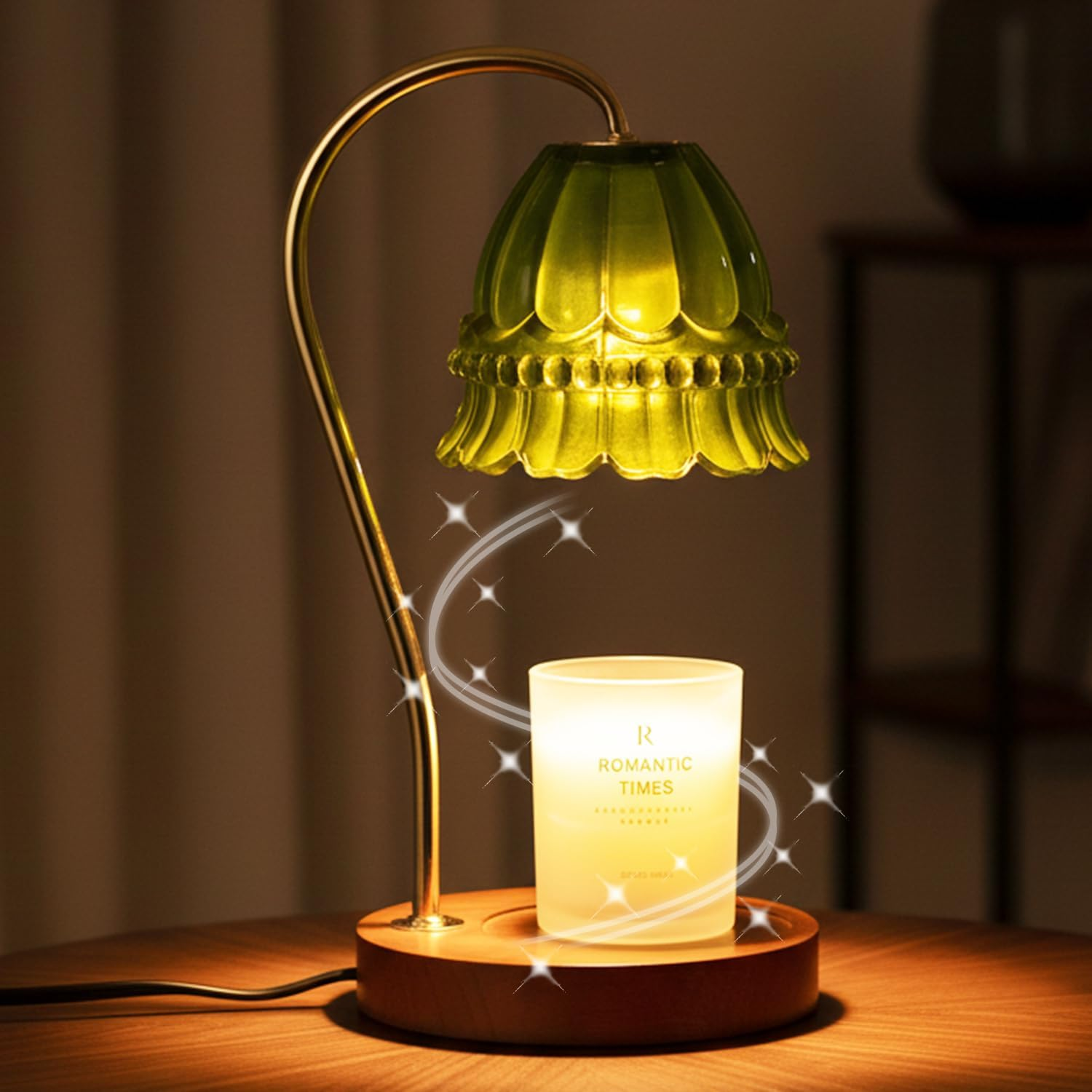 Vintage Candle Warmer - Aromatherapy Lamp with Timer | 4-Level Dimming and Infinite Dimming | Glass Shade | Wooden Base | Includes Two 50W G10 Halogen Bulbs | Elegant Home Decor (Yellow)