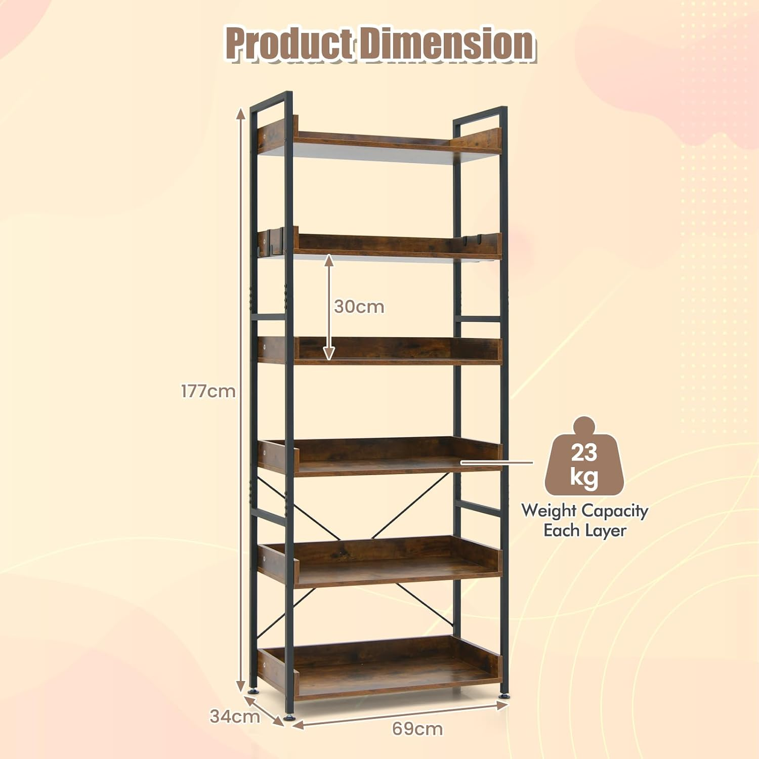 Giantex 6-Tier Bookshelf, Storage Rack W/ 4 Hooks, Open Display Shelves, Metal Frame Display Wooden Shelves, Vintage Standing Display Rack for Living Room, Bedroom, Balcony, Kitchen image number 1