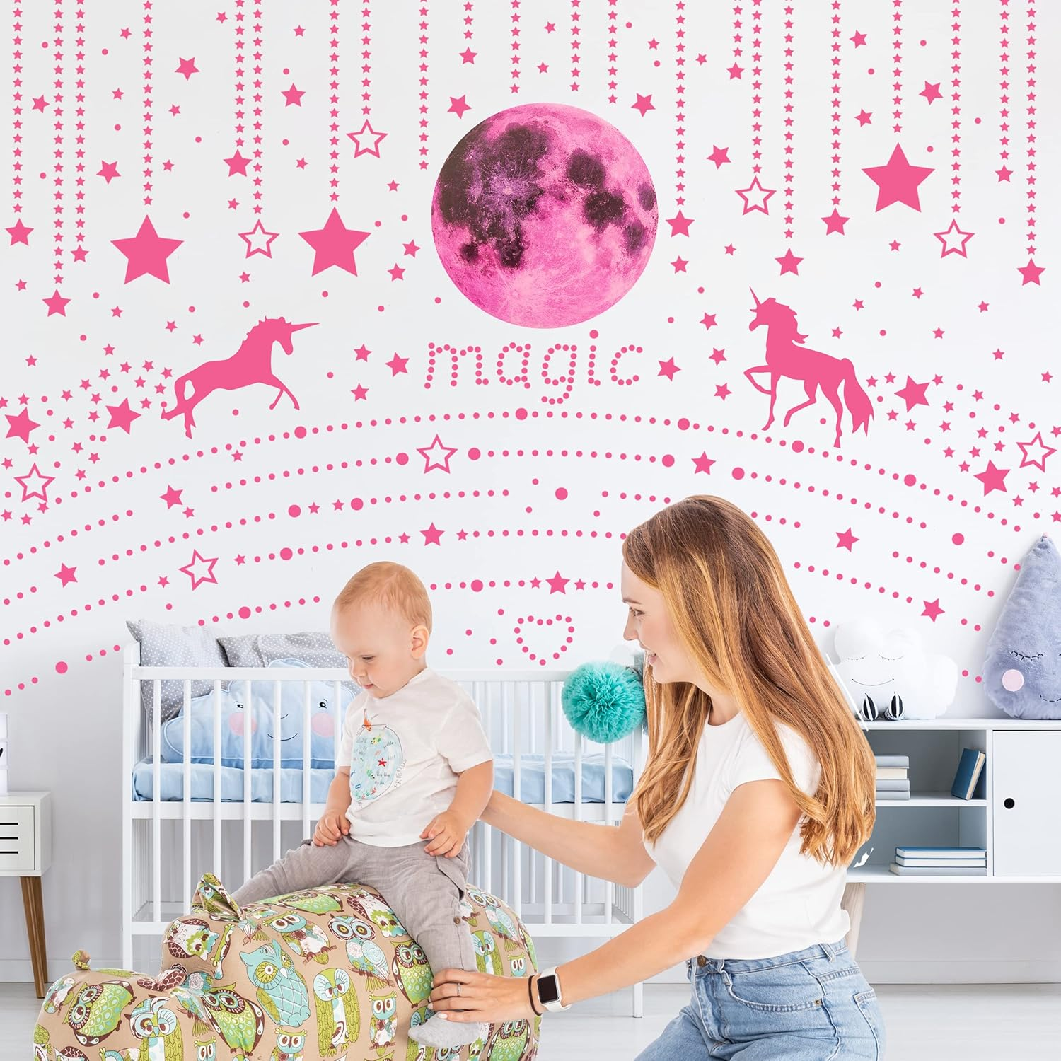 Glow in the Dark Unicorn Wall Decals for Girls Room, Luminous Moon and Stars for Ceiling, Fairy Stickers Wall Decor for Kids Bedroom Birthday Party(Pink) image number 1