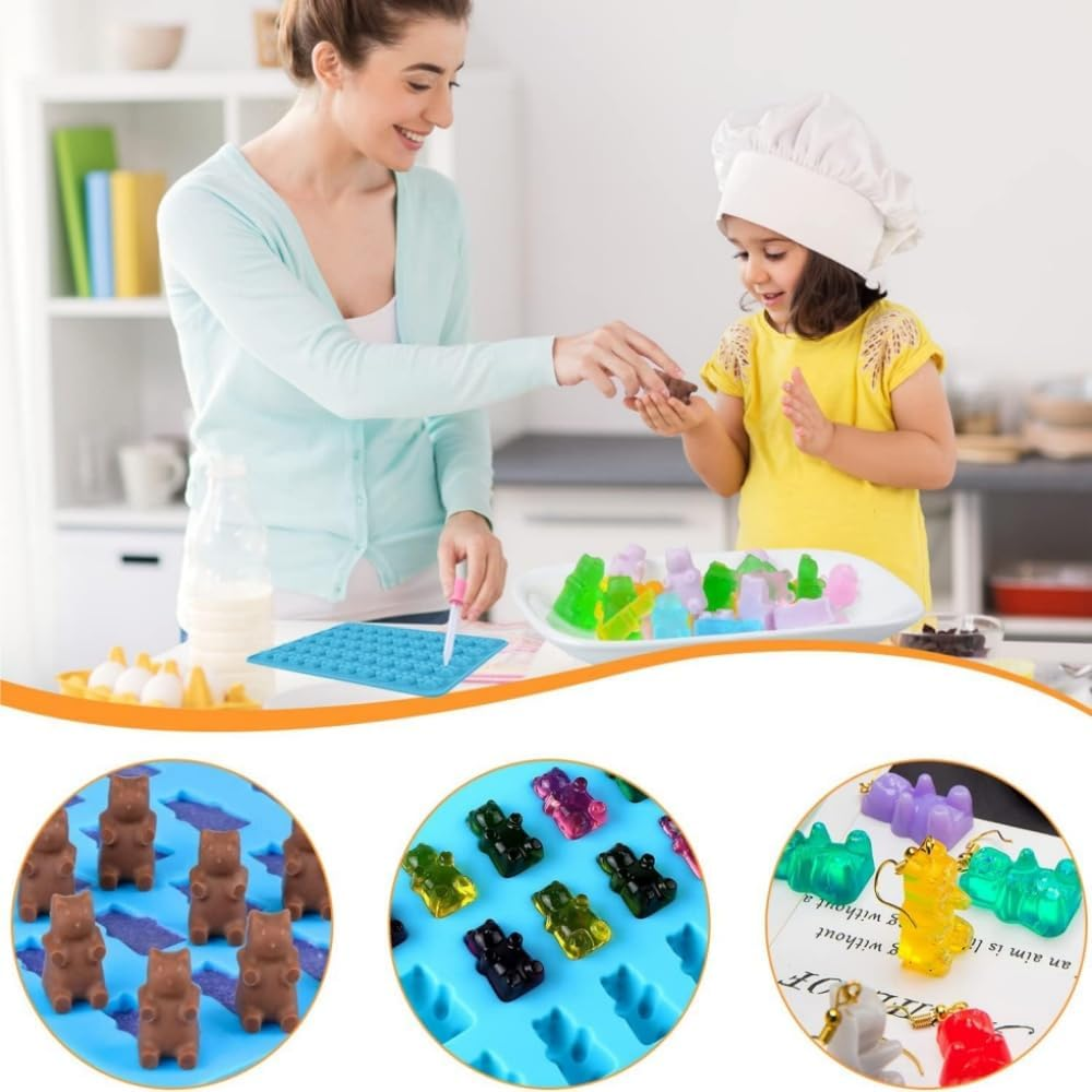 Gummy Bear Candy Molds Silicone, 4 Pack Gummy Molds with 2 Droppers, Chocolate Molds, Non-Stick Silicone Candy Molds Including Bear Shape and Mini Donut for Jelly (Blue,Purple,Green, Pink) image number 3