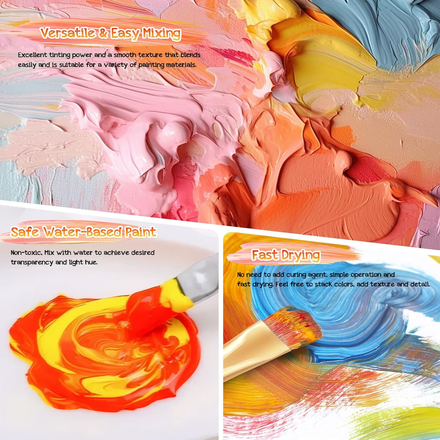 Aottom 33 Piece Canvas Acrylic Paint Set, 24 X Tube Acrylic Paints with 5 X Brush Set + 2 X Canvas + 1 X Mixing Knife Acrylic Paint Set for Stones, Paper, Wood Acrylic Paints for Artists, Beginners image number 6