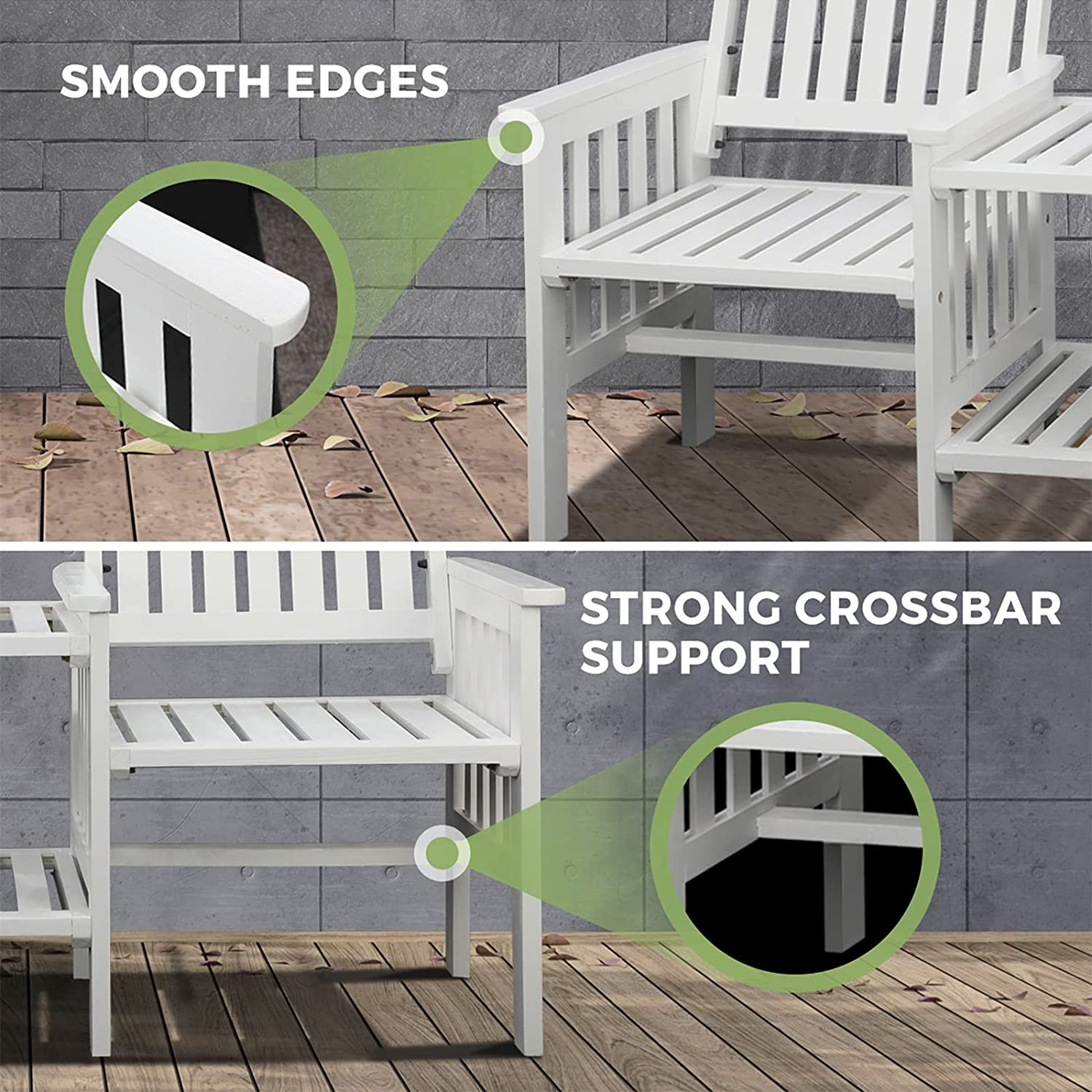 Livsip Outdoor Chair Wooden Garden Bench 2 Seat Table Loveseat Patio Furniture White - Charcoal image number 5