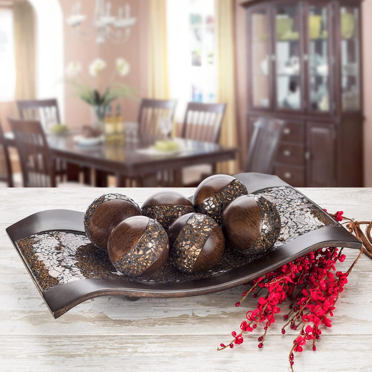 Schonwerk Walnut Decorative Orbs for Bowls and Vases (Set of 3) Resin Sphere Balls | Dining/Coffee Table Centerpiece | Great Gift Idea (Crackled Mosaic) - Silver image number 2