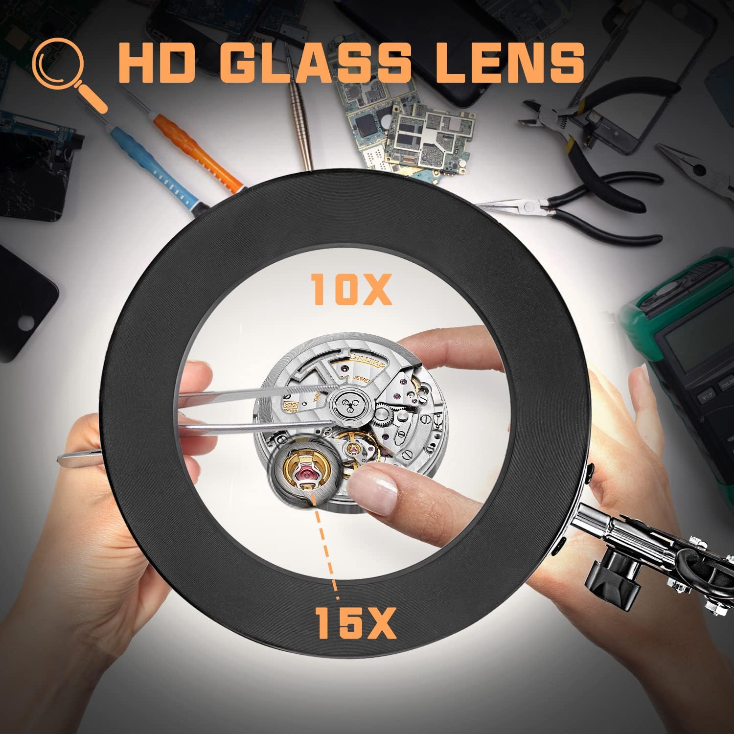 Cenawin 2-In-1 Magnifying Glass with Light and Stand, 15X 10X LED Magnifying Lamp with Clamp and Base, Desk Lamp with 3 Colour Modes, Dimmable, LED Magnifying Lamp for Hobby Crafts, Workplace Lamp image number 1