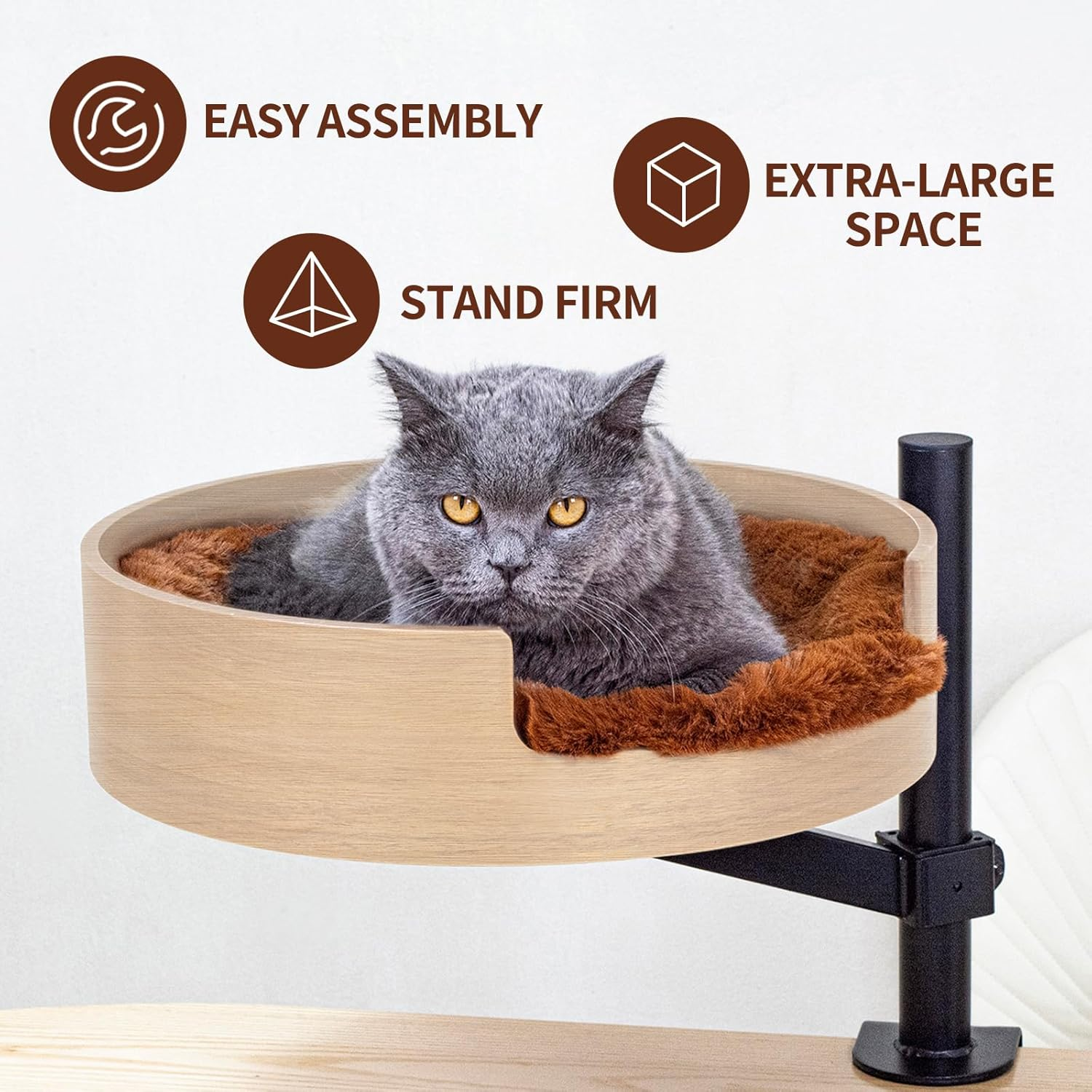 Cat Bed Desk with Pet Mat, Cat Hammock for Desk, ZBUQ Cat Bed Desk with Wooden Bowl, 360&deg; Rotation and Adjustable Height, Light Brown image number 6