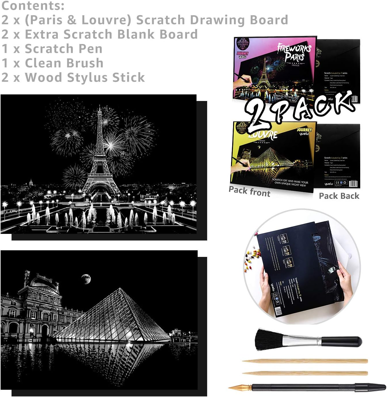 MIASTAR Scratch Paper Rainbow Painting Sketch Pads DIY Art Craft Night View Scratchboard for Adults and Teens - Scratch Painting Creative Gift - 2 Packs & Pen, Clean Brush, 16&rdquo; X 11.2&rdquo; (Paris/Louvre)