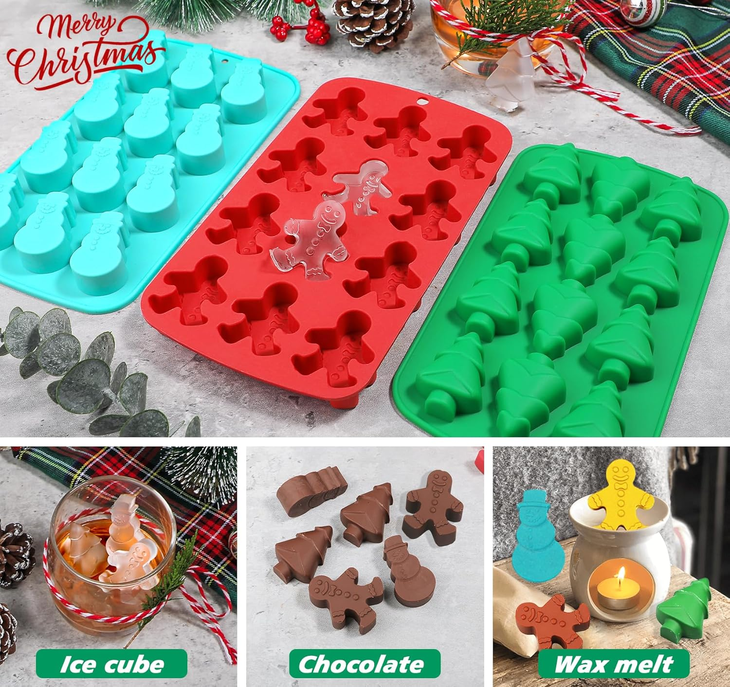 Kamehame Christmas Ice Cube Molds, Silicone Ice Molds with Shape Gingerbread Snowman Christmas Tree, Chocolate Dessert Baking Molds image number 4