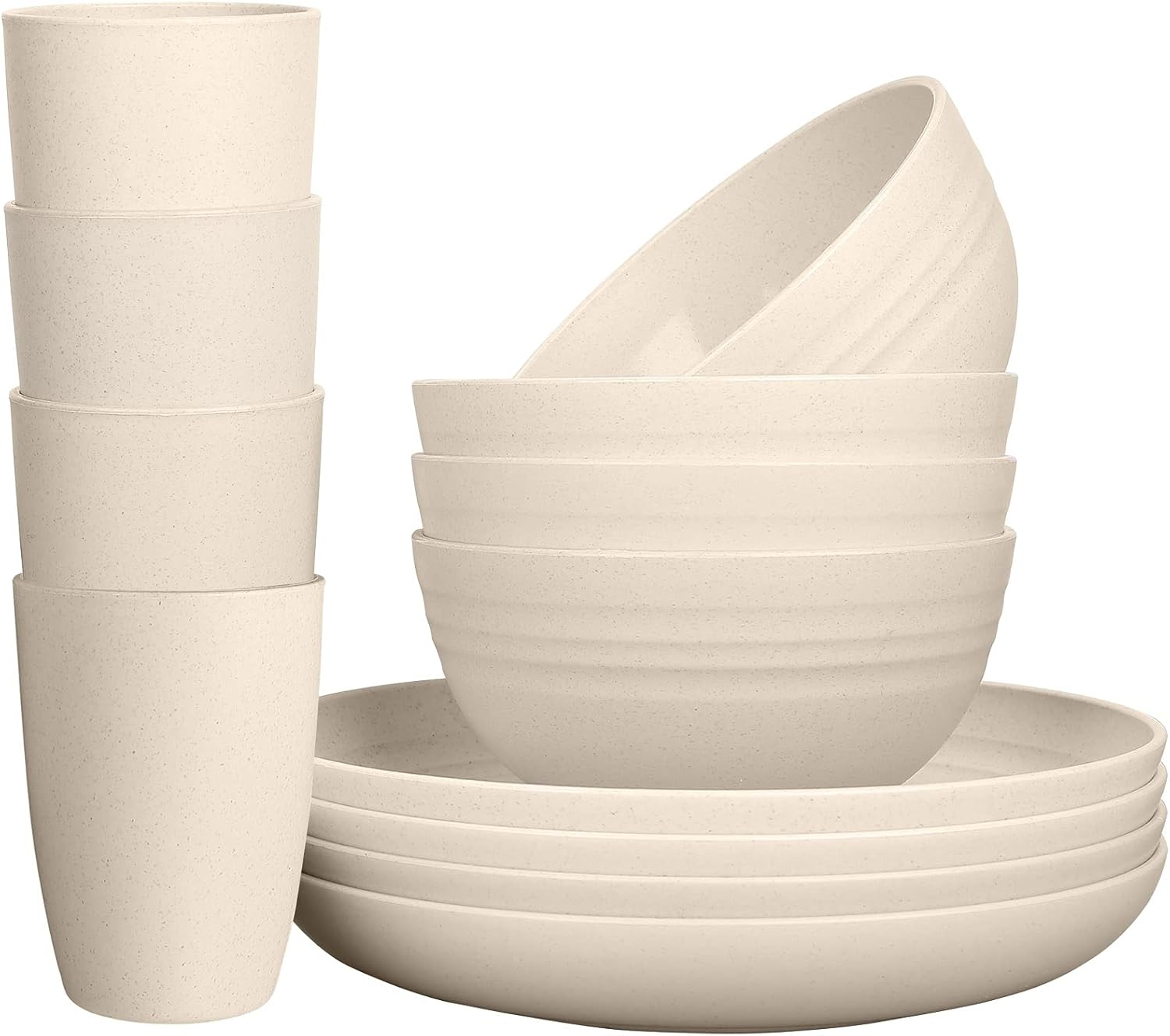 Luckyzone Wheat Straw Dinnerware Sets for 4 (Reusable Plates, Bowls & Cups) - Lightweight Unbreakable Dinner Camping Dishes for Kids Adult - Dishwasher & Microwave Safe, Eco Friendly(12Pcs/Beige) image number 6