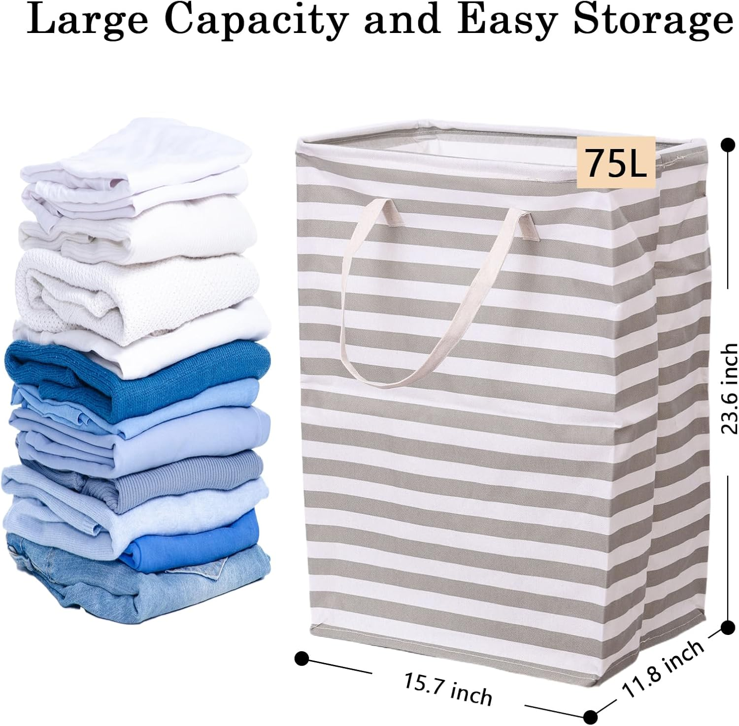 2-Pack Large Laundry Basket, Waterproof, Collapsible Tall Clothes Hamper with Extended Handles for Clothes Toys in the Dorm and Family-(75L, Stripe) image number 2