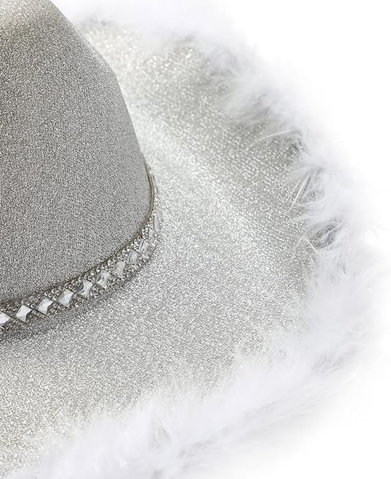 Cowboy Hat Fluffy Feather Trim Cowgirl Hat Adult Western Felt Cow Girl Hat Fancy Dress Party Halloween Cosplay Costume,Silver