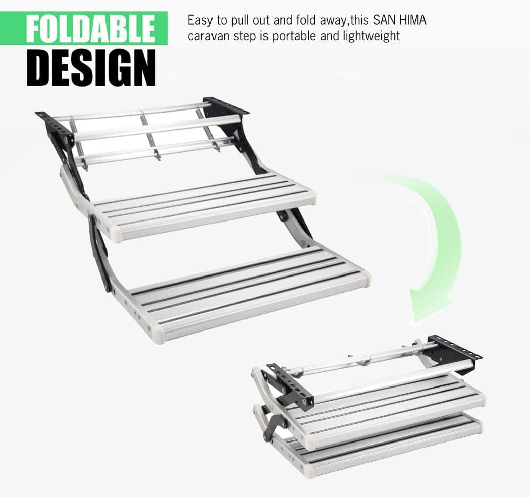 Double Caravan Step,Pull Out Folding Aluminium Steps,Off Road RV Camper Trailer Motorhome RV for Camping,Travelling, Outdoor Activities (Double-Deck with LED) image number 5