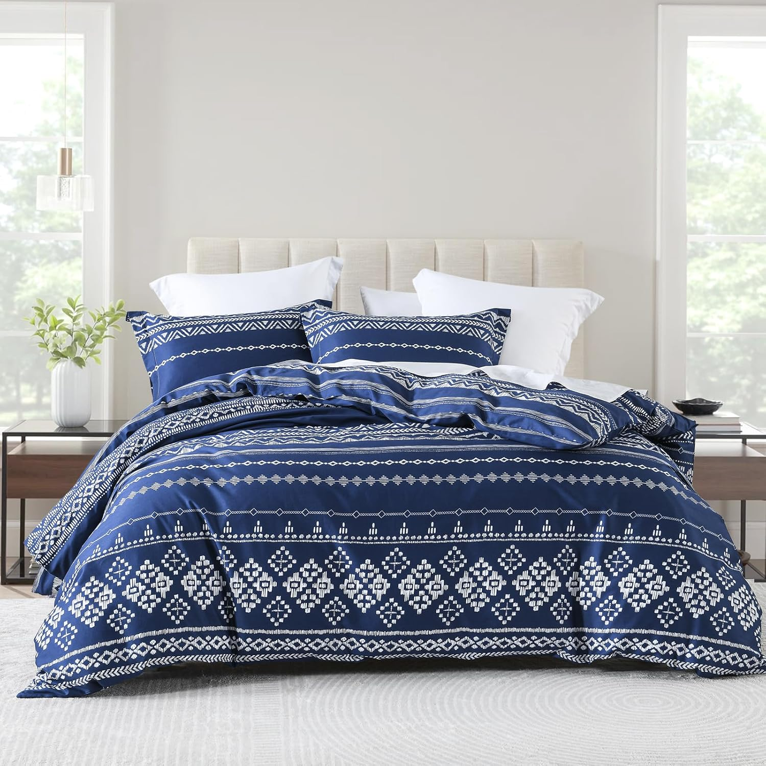 DUOMING Boho Duvet Cover Queen - 100% Cotton Duvet Cover Set, Cozy and Breathable Queen Duvet Cover with Zipper Closure & 8 Ties, 3 Piece Bohemian Duvet Cover Set for All-Season