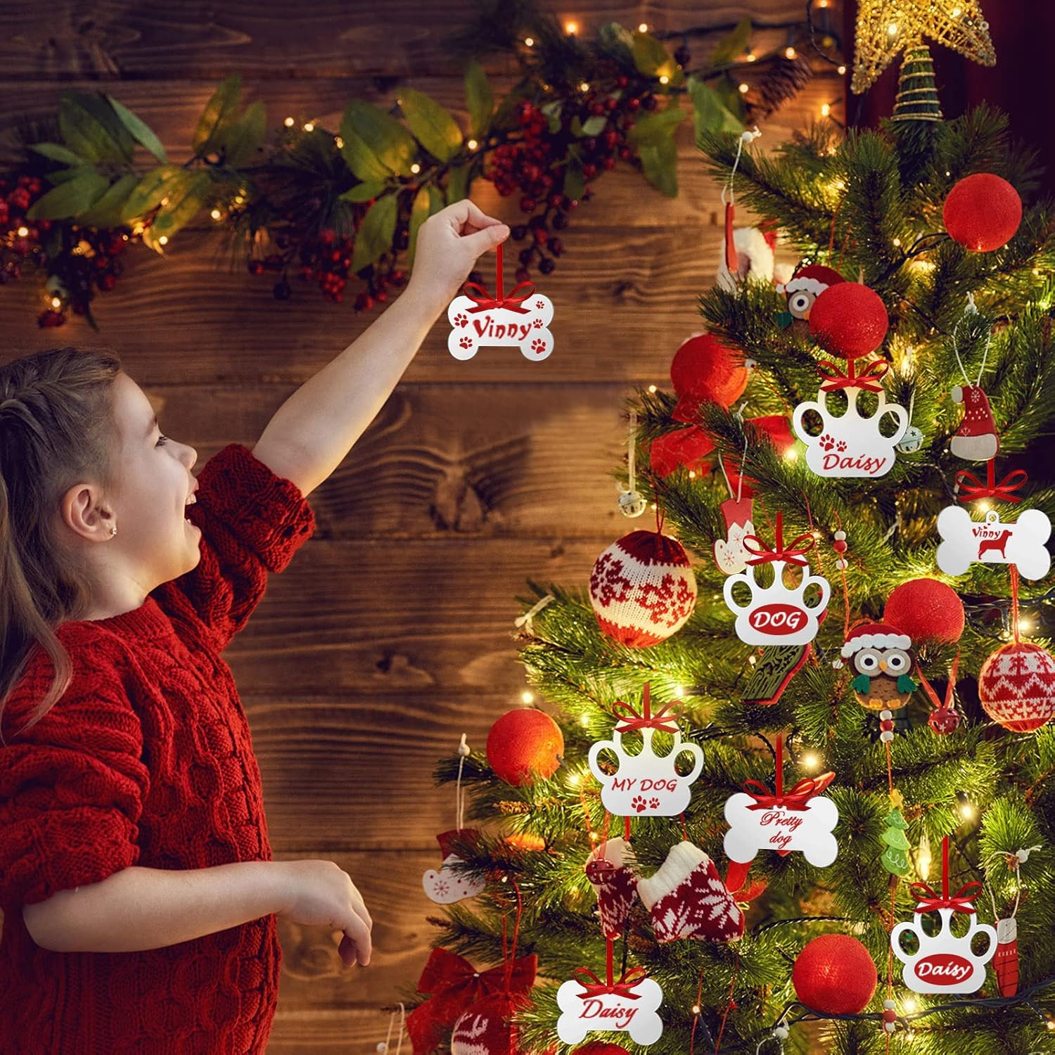 35 Pieces Christmas Acrylic Ornaments Blank Dog Paw Bone Ornaments round Disc Heart Hanging Ornament DIY Stocking Name Tag Acrylic Ornament with Paint Pen and Ribbon for Christmas Crafts (White) image number 4