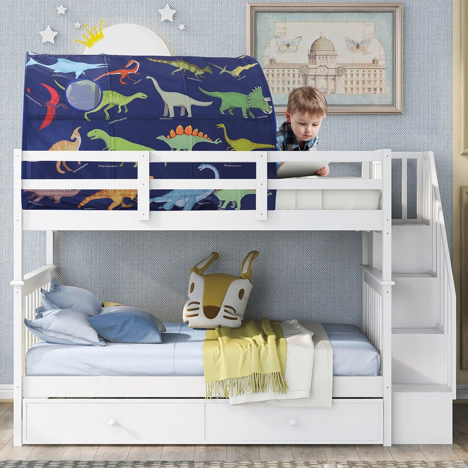 Bed Tent for Toddler Foldable Game House Children Play Tents Breathable Cottage Combination Sleeping Canopy Playhouse Double Net Curtain with Storage Bag, Dark Blue-Dino,(Bed Tent-Dino)